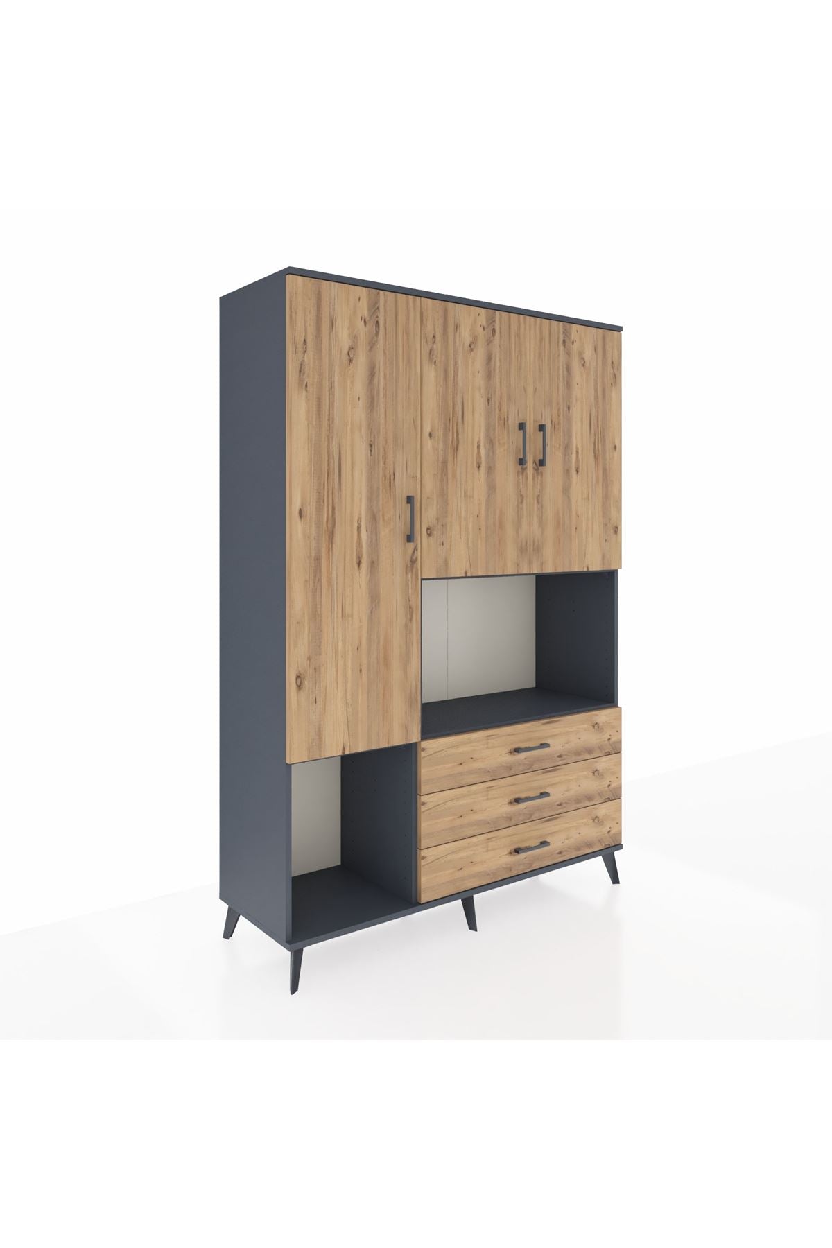 Hyperion Dolap 6 Raflı 3 Çekmeceli 3 Kapaklı 132x44x195 Antrasit-Çam/Çam