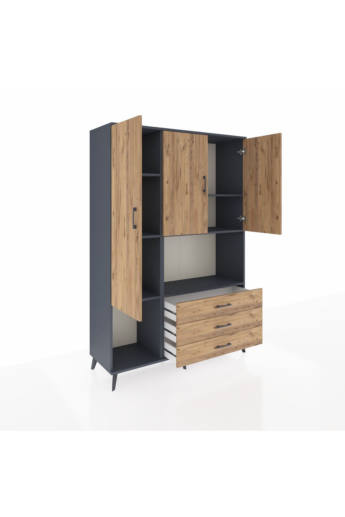 Hyperion Dolap 6 Raflı 3 Çekmeceli 3 Kapaklı 132x44x195 Antrasit-Çam/Çam