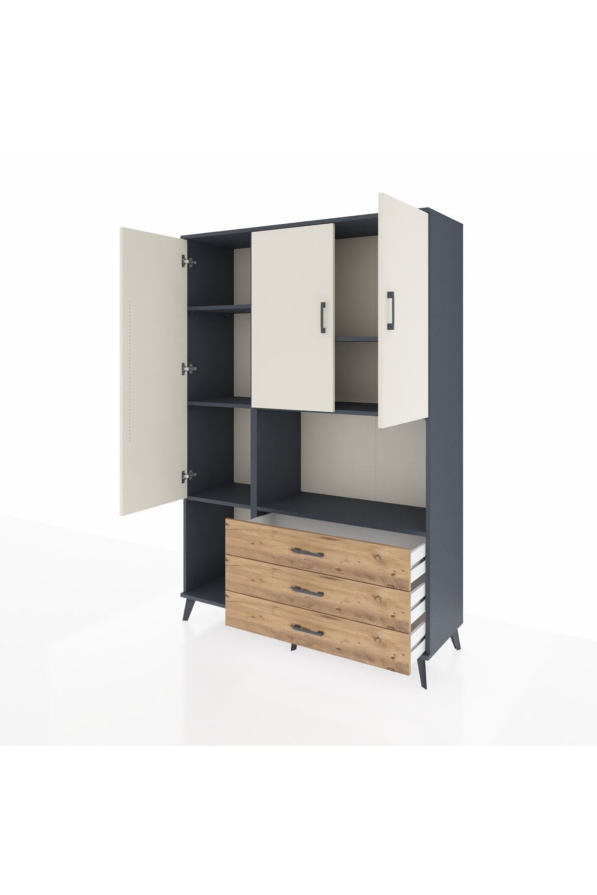 Hyperion Dolap 6 Raflı 3 Çekmeceli 3 Kapaklı 132x44x195 Antrasit-Aytaşı/Çam