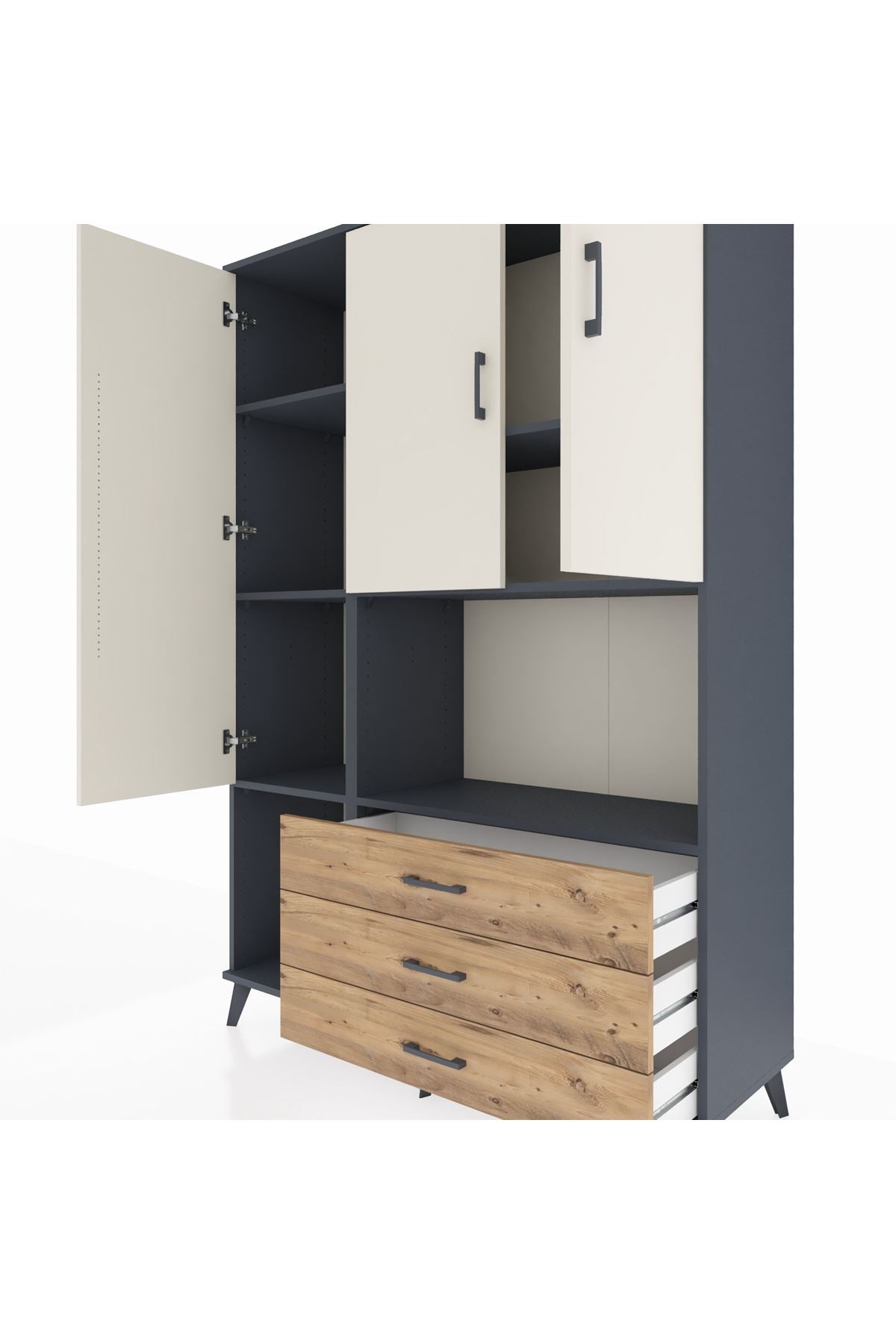 Hyperion Dolap 6 Raflı 3 Çekmeceli 3 Kapaklı 132x44x195 Antrasit-Aytaşı/Çam