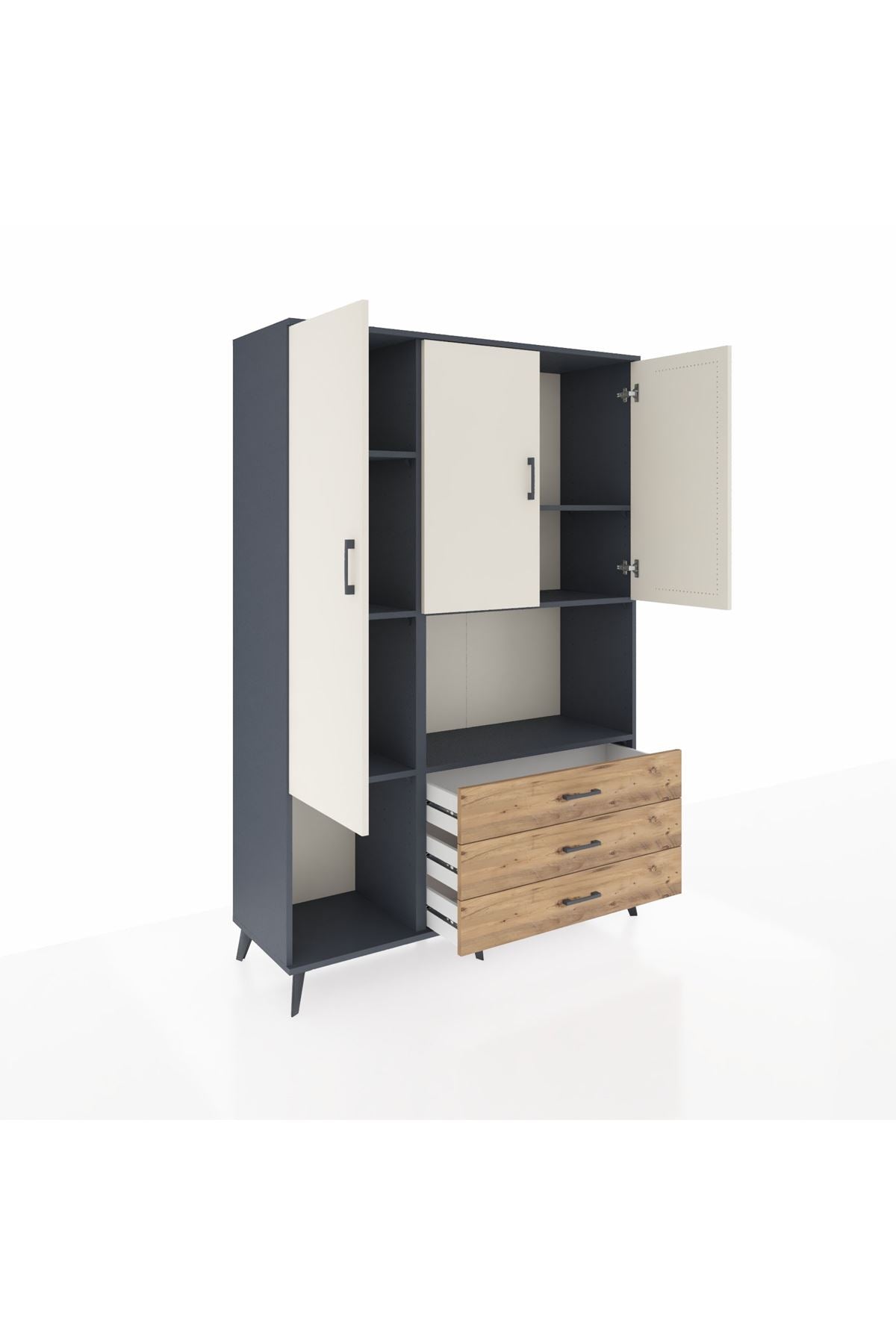 Hyperion Dolap 6 Raflı 3 Çekmeceli 3 Kapaklı 132x44x195 Antrasit-Aytaşı/Çam