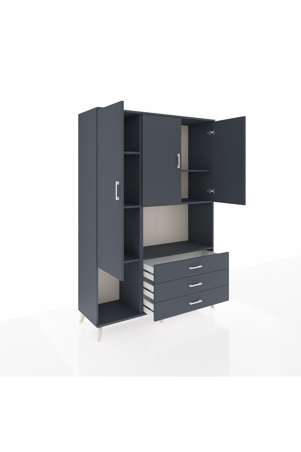 Hyperion Dolap 6 Raflı 3 Çekmeceli 3 Kapaklı 132x44x195 Antrasit-Antrasit/Antrasit