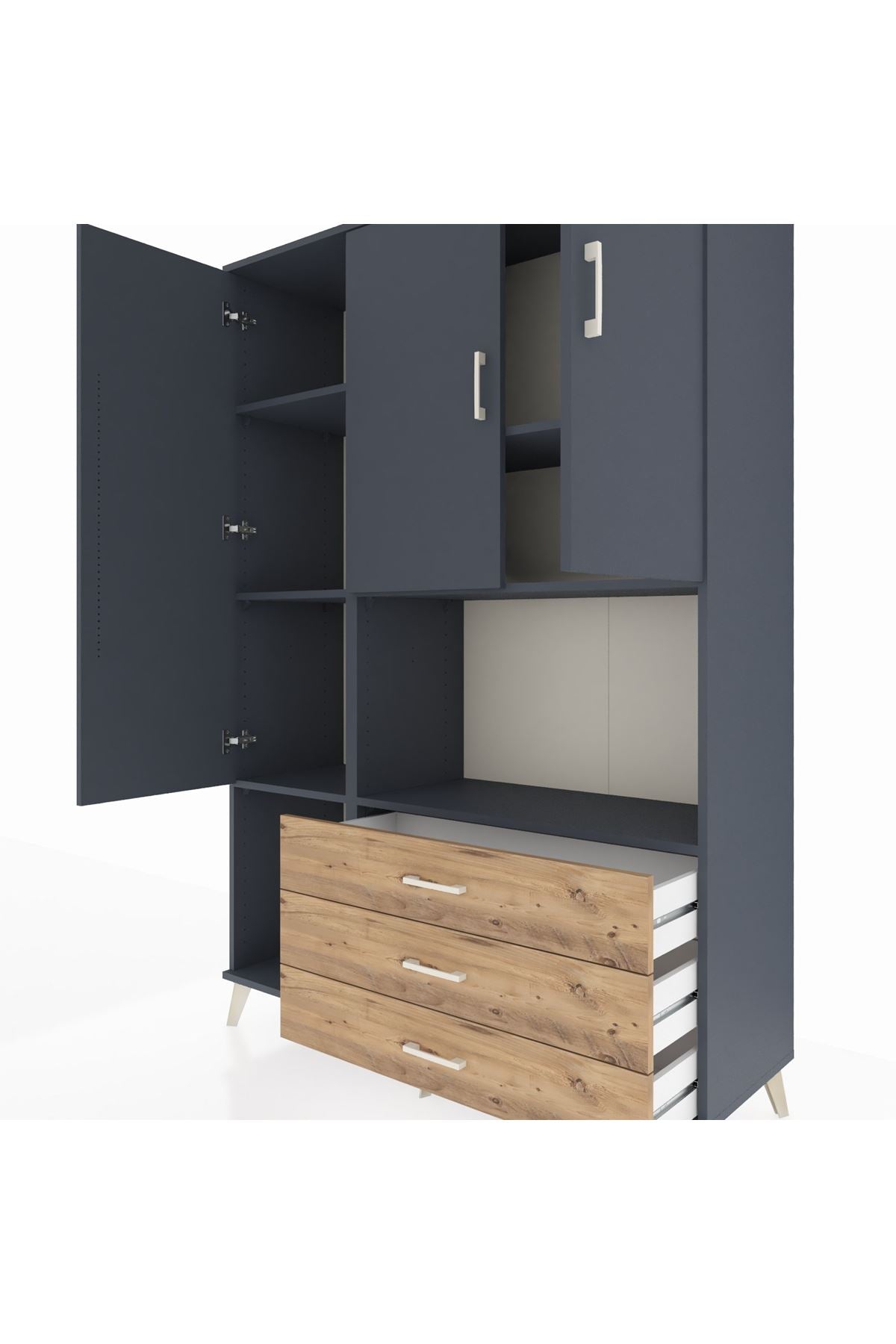 Hyperion Dolap 6 Raflı 3 Çekmeceli 3 Kapaklı 132x44x195 Antrasit-Antrasit/Çam