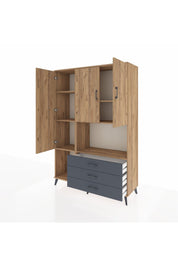 Hyperion Dolap 6 Raflı 3 Çekmeceli 3 Kapaklı 132x44x195 Çam-Çam/Antrasit