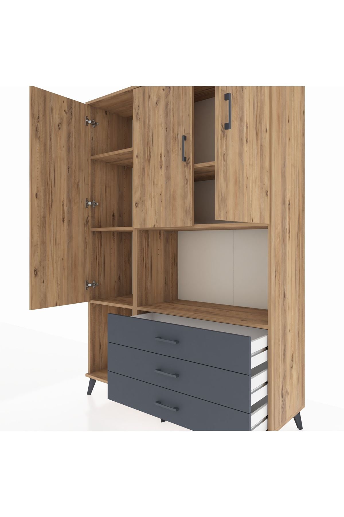 Hyperion Dolap 6 Raflı 3 Çekmeceli 3 Kapaklı 132x44x195 Çam-Çam/Antrasit