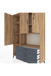 Hyperion Dolap 6 Raflı 3 Çekmeceli 3 Kapaklı 132x44x195 Çam-Çam/Antrasit