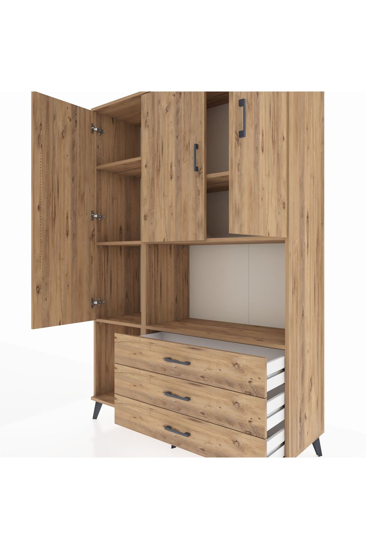 Hyperion Dolap 6 Raflı 3 Çekmeceli 3 Kapaklı 132x44x195 Çam-Çam/Çam