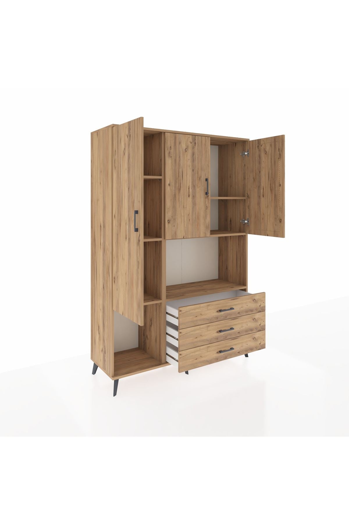 Hyperion Dolap 6 Raflı 3 Çekmeceli 3 Kapaklı 132x44x195 Çam-Çam/Çam