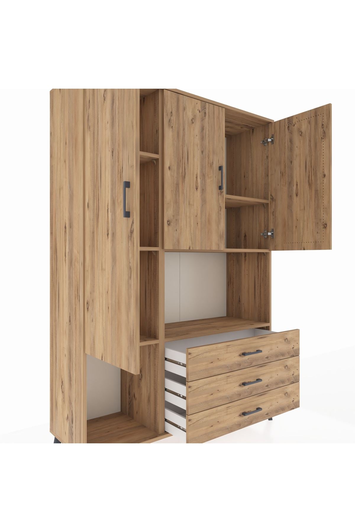 Hyperion Dolap 6 Raflı 3 Çekmeceli 3 Kapaklı 132x44x195 Çam-Çam/Çam