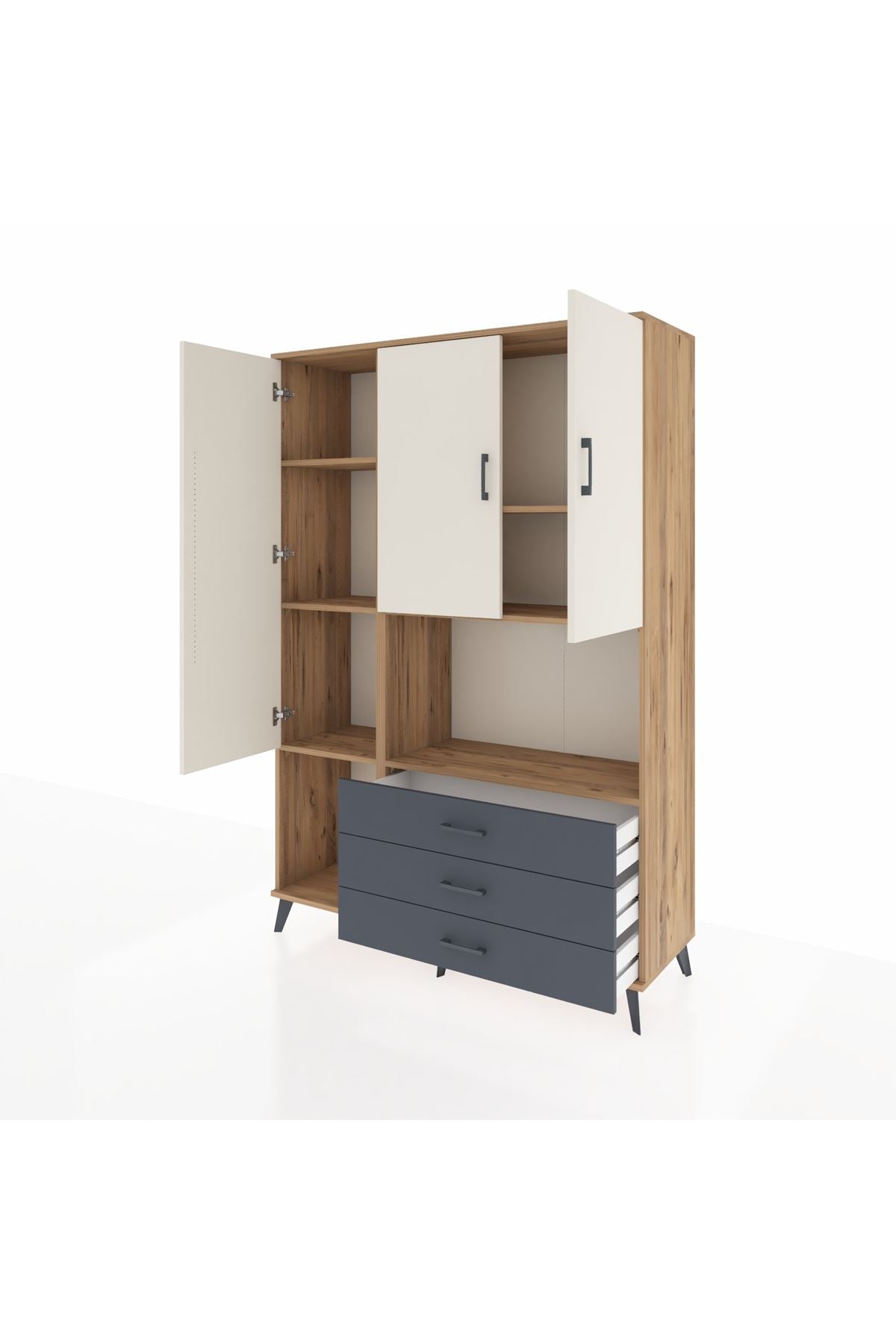 Hyperion Dolap 6 Raflı 3 Çekmeceli 3 Kapaklı 132x44x195 Çam-Aytaşı/Antrasit