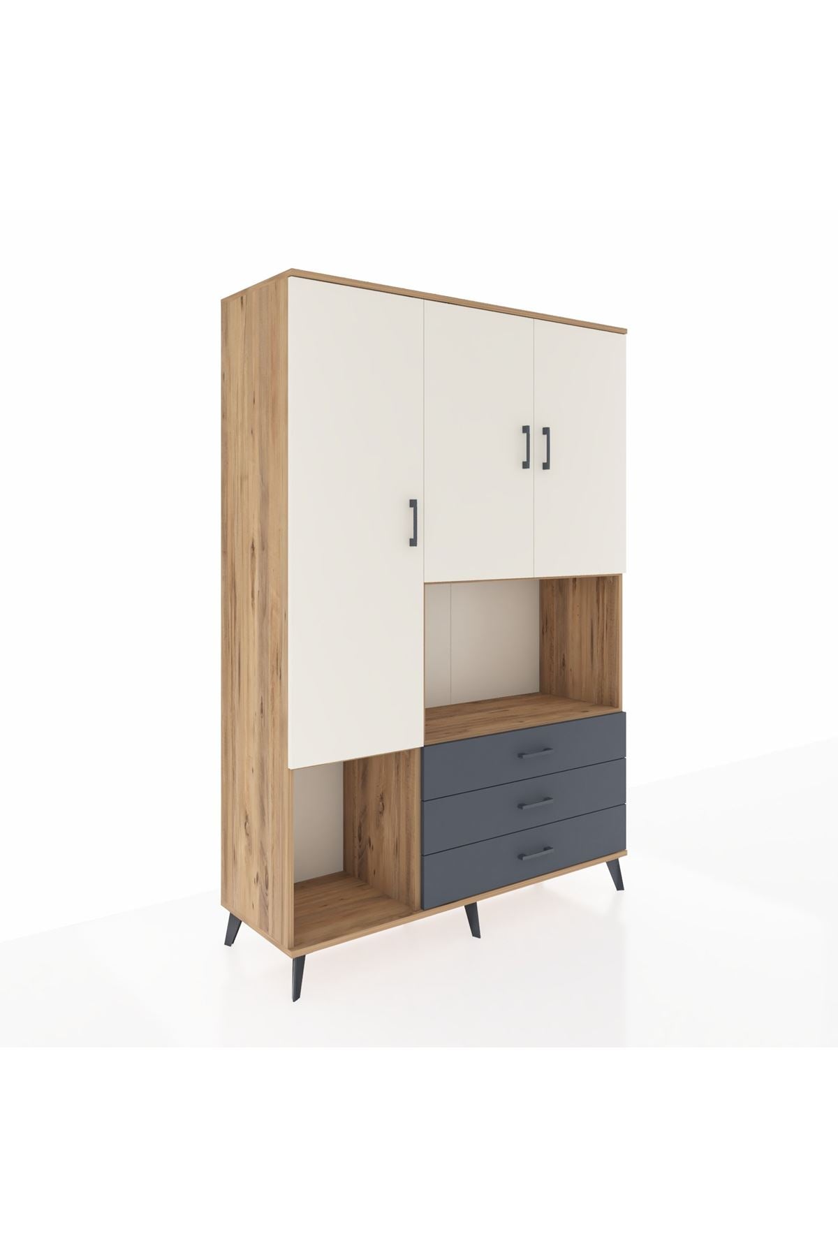 Hyperion Dolap 6 Raflı 3 Çekmeceli 3 Kapaklı 132x44x195 Çam-Aytaşı/Antrasit