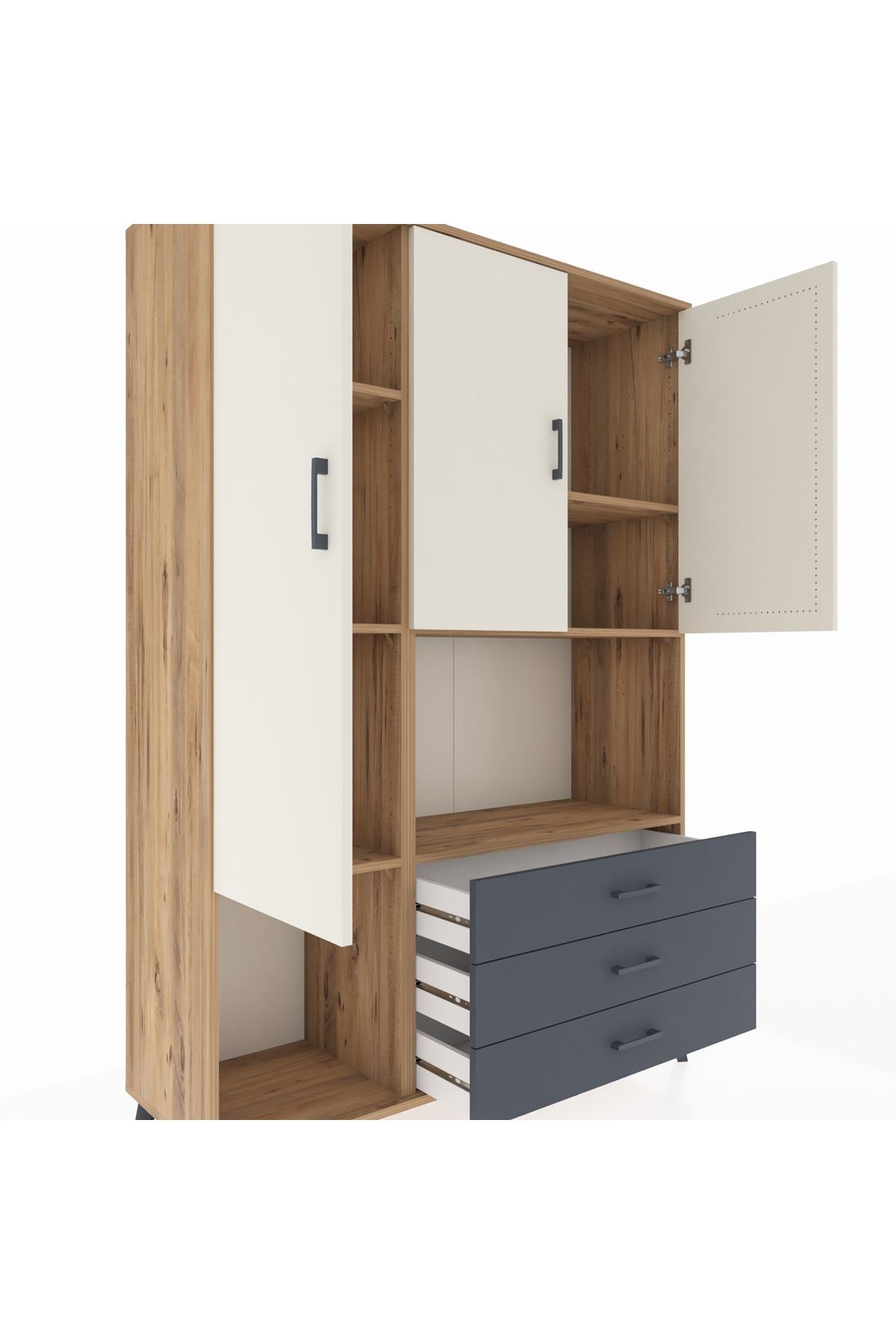 Hyperion Dolap 6 Raflı 3 Çekmeceli 3 Kapaklı 132x44x195 Çam-Aytaşı/Antrasit