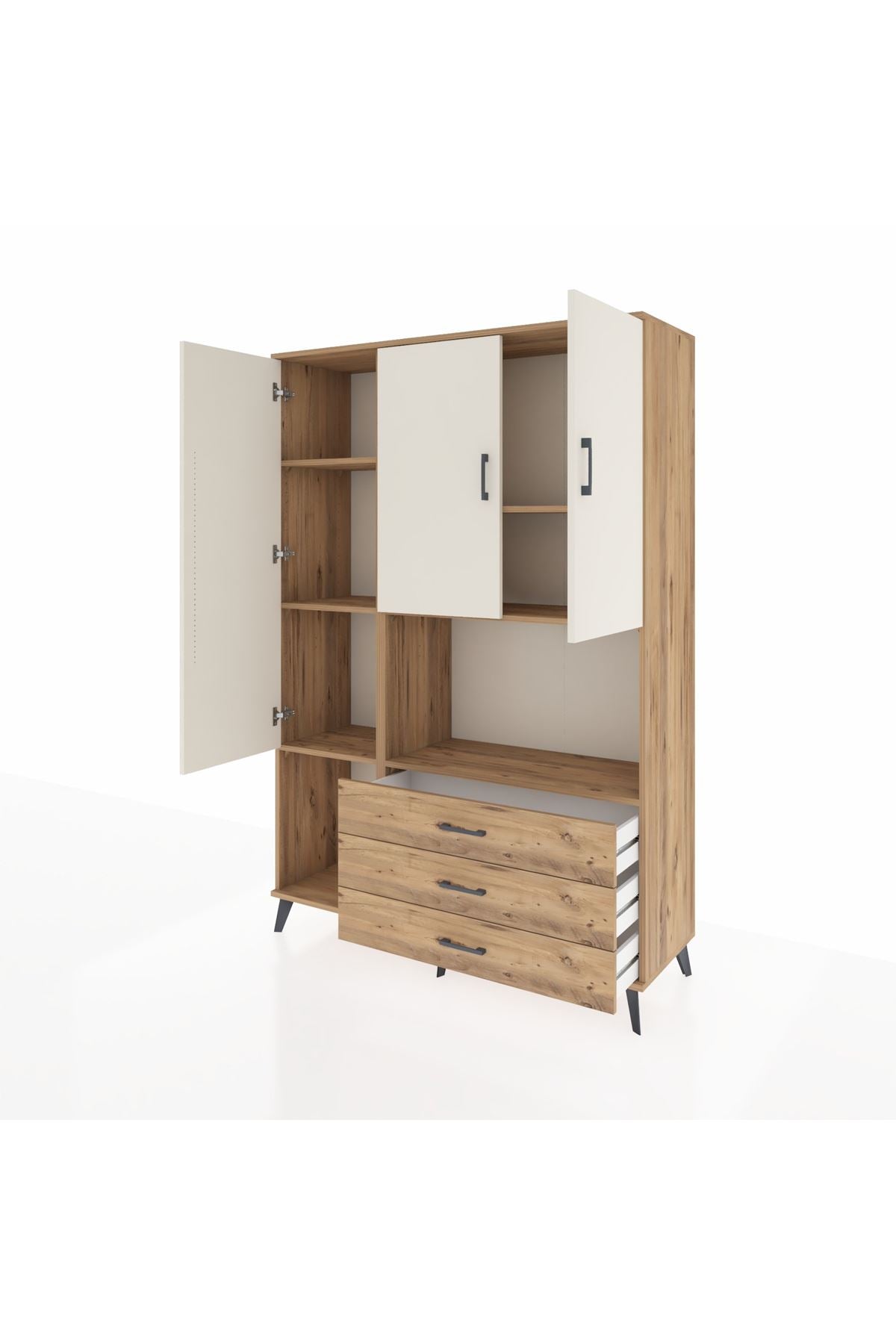 Hyperion Dolap 6 Raflı 3 Çekmeceli 3 Kapaklı 132x44x195 Çam-Aytaşı/Çam