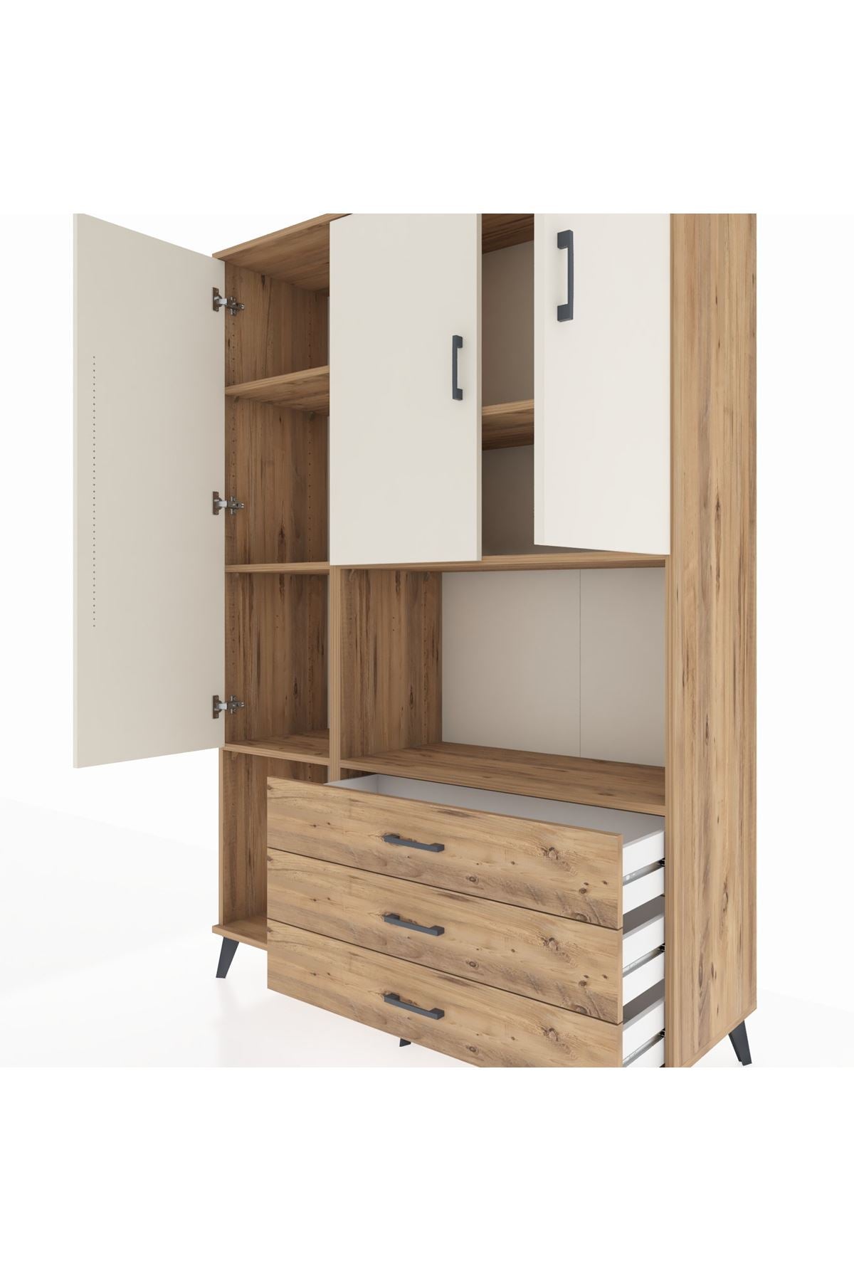 Hyperion Dolap 6 Raflı 3 Çekmeceli 3 Kapaklı 132x44x195 Çam-Aytaşı/Çam