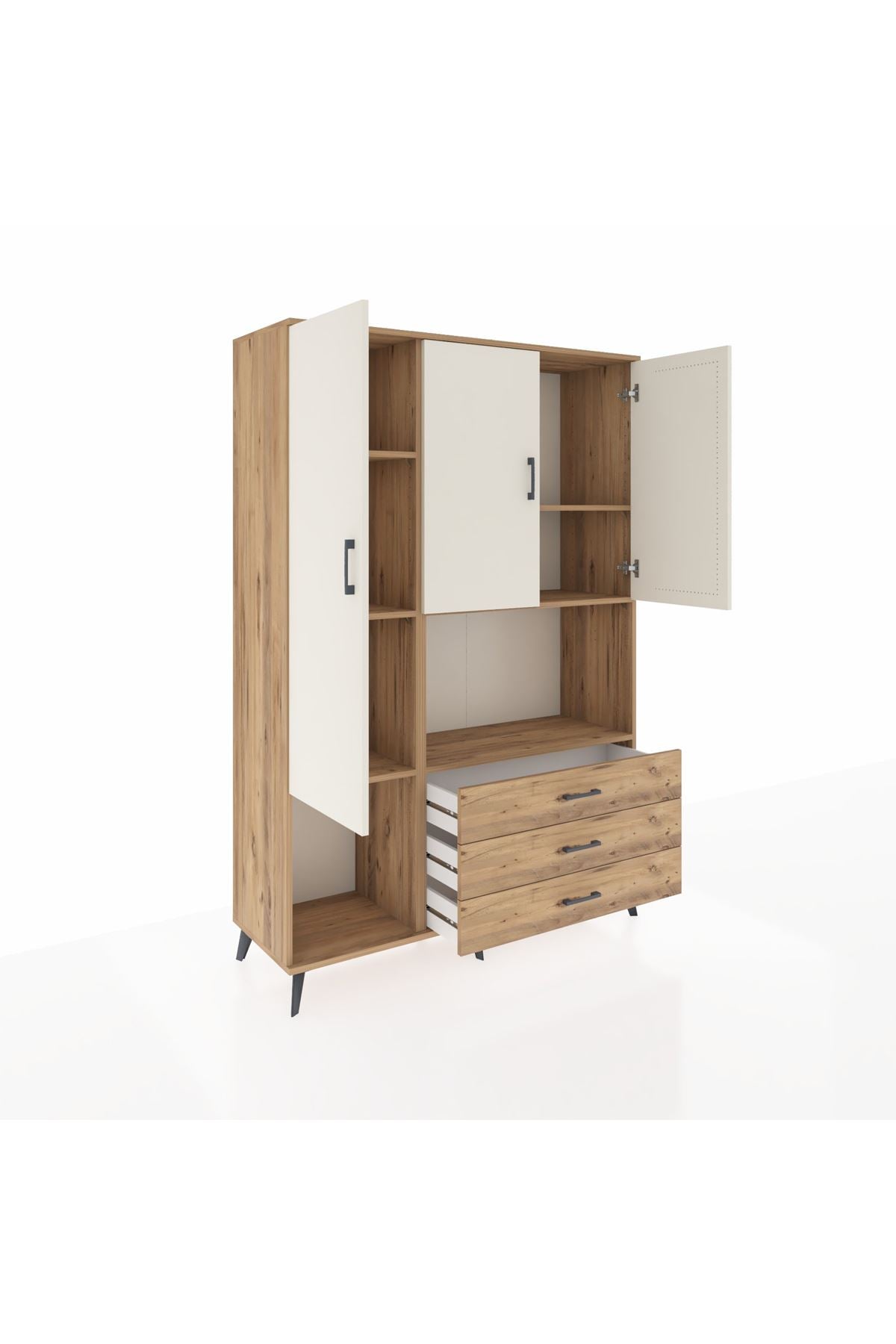 Hyperion Dolap 6 Raflı 3 Çekmeceli 3 Kapaklı 132x44x195 Çam-Aytaşı/Çam