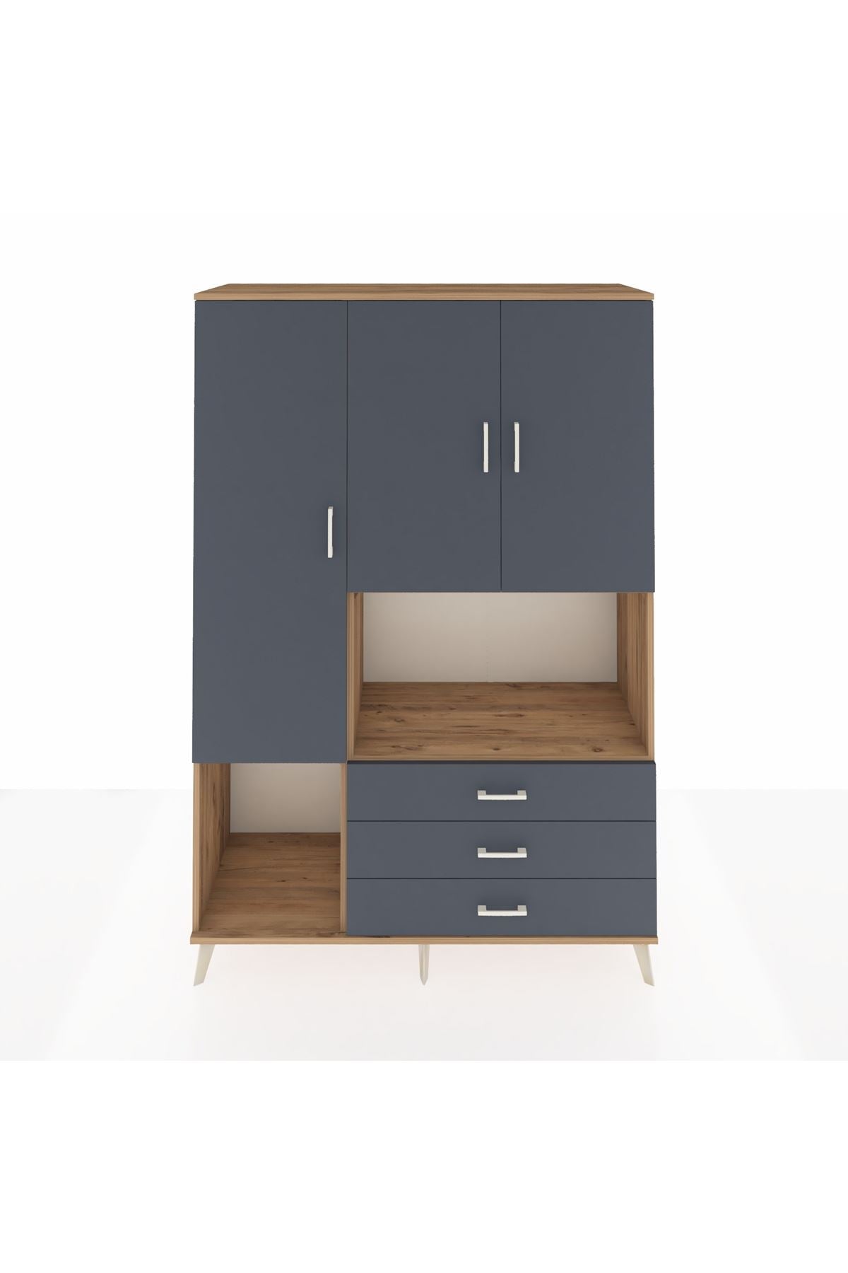 Hyperion Dolap 6 Raflı 3 Çekmeceli 3 Kapaklı 132x44x195 Çam-Antrasit/Antrasit