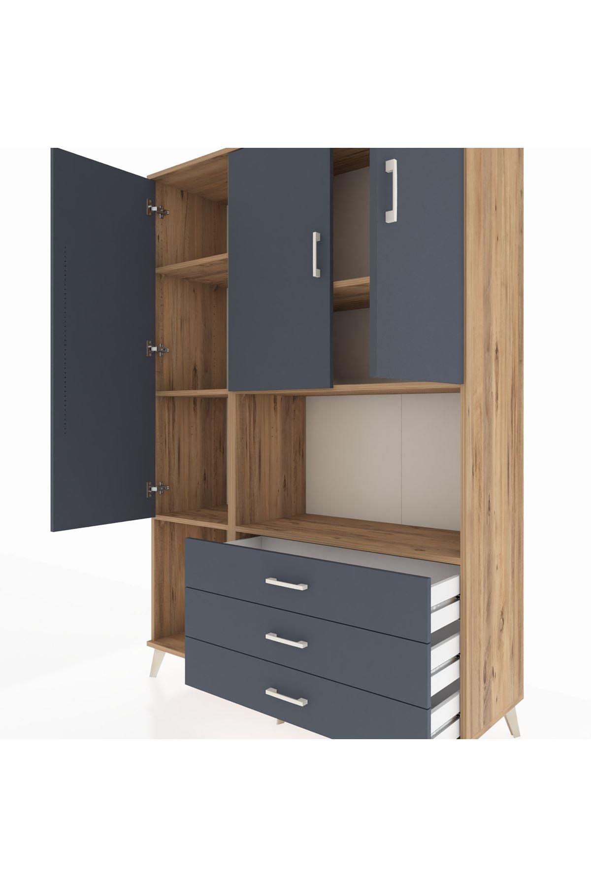 Hyperion Dolap 6 Raflı 3 Çekmeceli 3 Kapaklı 132x44x195 Çam-Antrasit/Antrasit