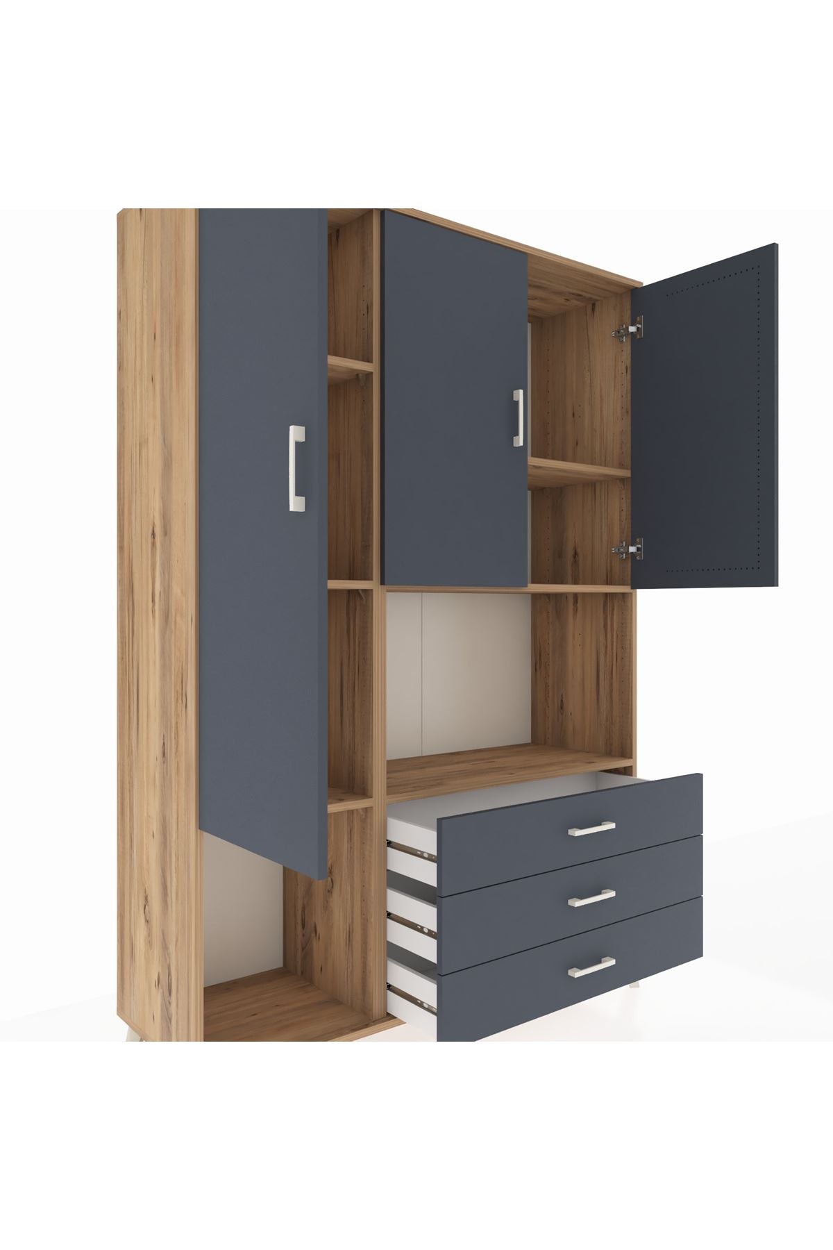 Hyperion Dolap 6 Raflı 3 Çekmeceli 3 Kapaklı 132x44x195 Çam-Antrasit/Antrasit