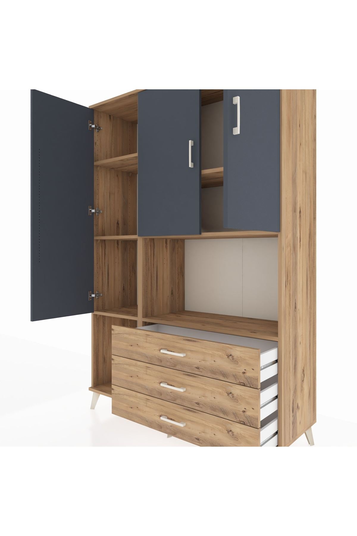 Hyperion Dolap 6 Raflı 3 Çekmeceli 3 Kapaklı 132x44x195 Çam-Antrasit/Çam