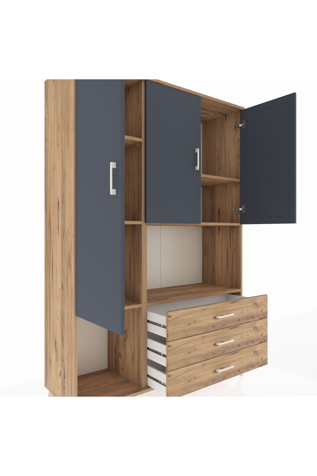 Hyperion Dolap 6 Raflı 3 Çekmeceli 3 Kapaklı 132x44x195 Çam-Antrasit/Çam