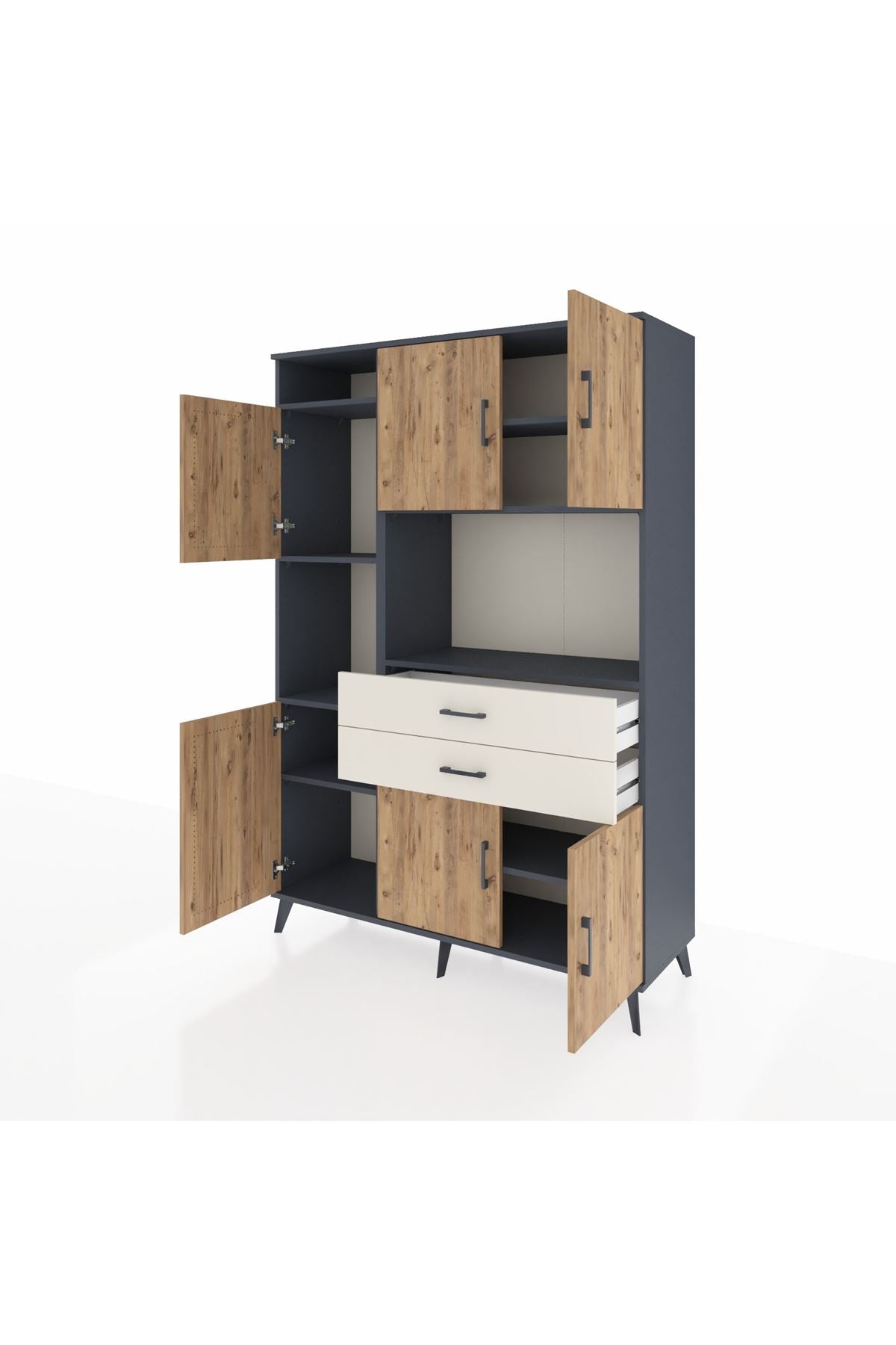 Hyperion Dolap 8 Raflı 2 Çekmeceli 6 Kapaklı 132x44x195 Antrasit-Çam/Aytaşı