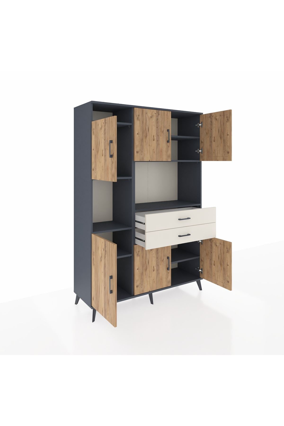 Hyperion Dolap 8 Raflı 2 Çekmeceli 6 Kapaklı 132x44x195 Antrasit-Çam/Aytaşı