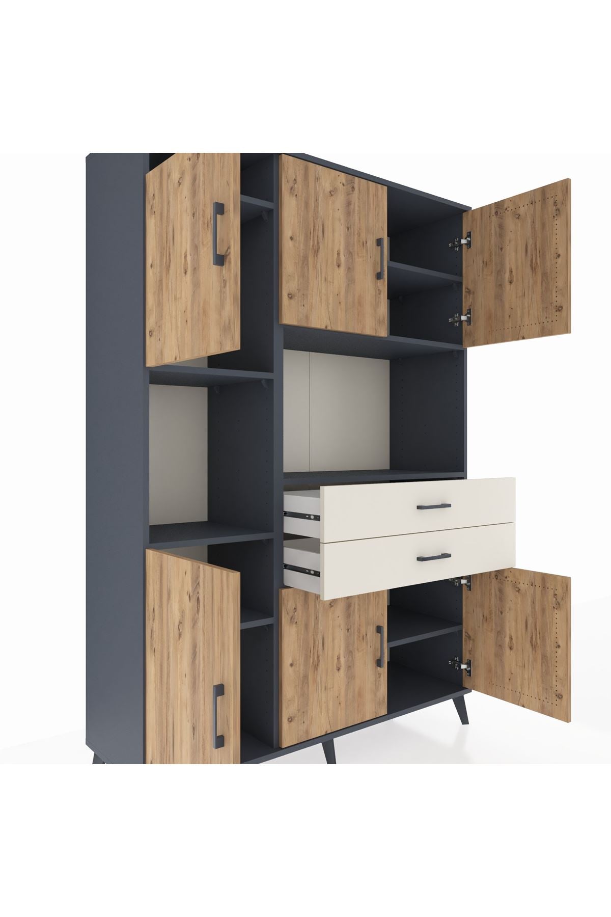 Hyperion Dolap 8 Raflı 2 Çekmeceli 6 Kapaklı 132x44x195 Antrasit-Çam/Aytaşı
