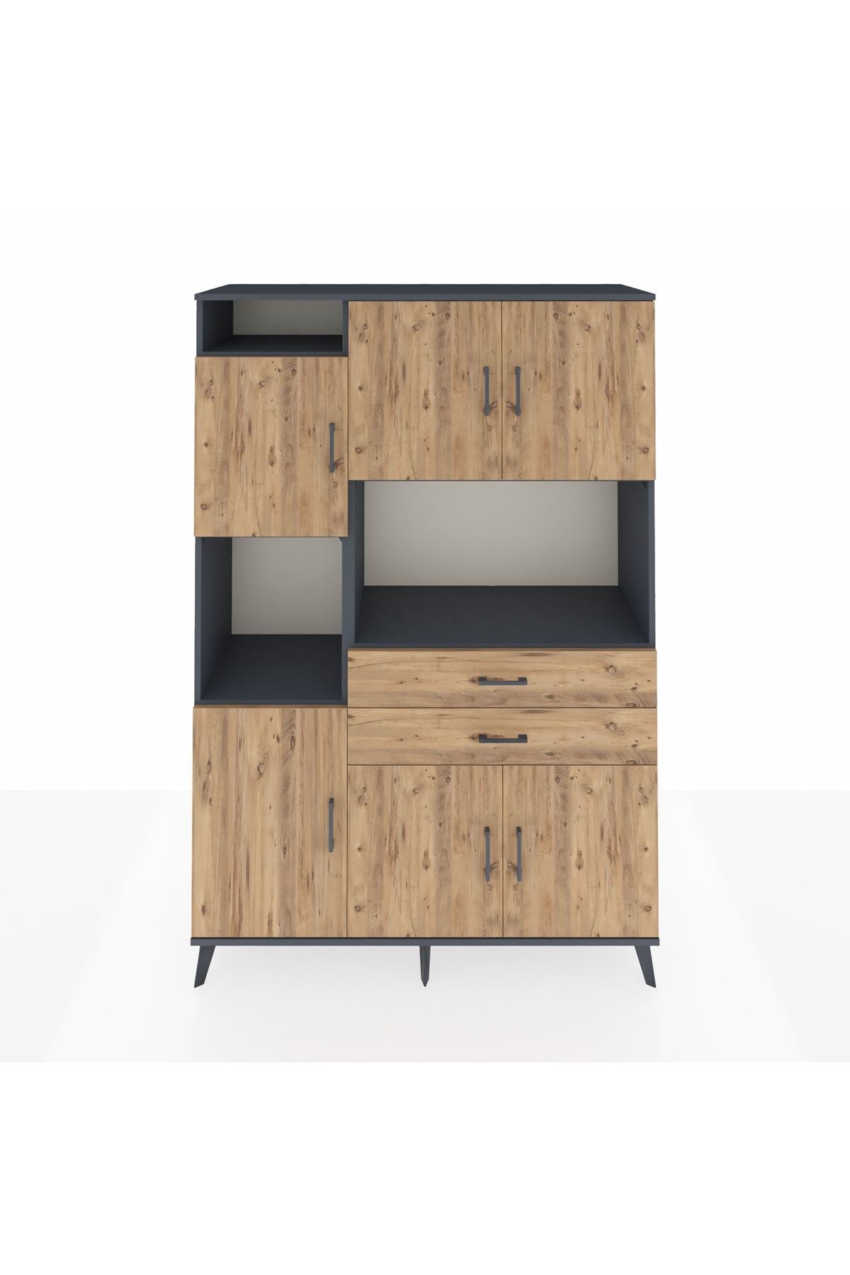 Hyperion Dolap 8 Raflı 2 Çekmeceli 6 Kapaklı 132x44x195 Antrasit-Çam/Çam