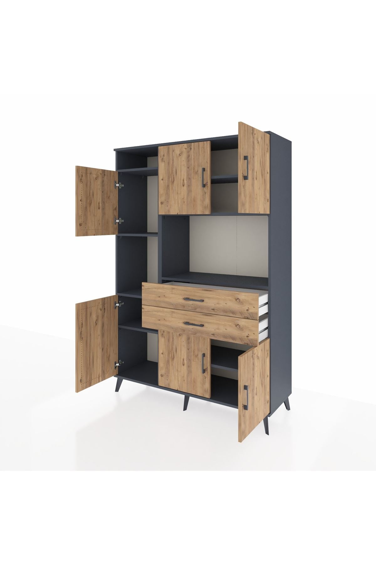 Hyperion Dolap 8 Raflı 2 Çekmeceli 6 Kapaklı 132x44x195 Antrasit-Çam/Çam