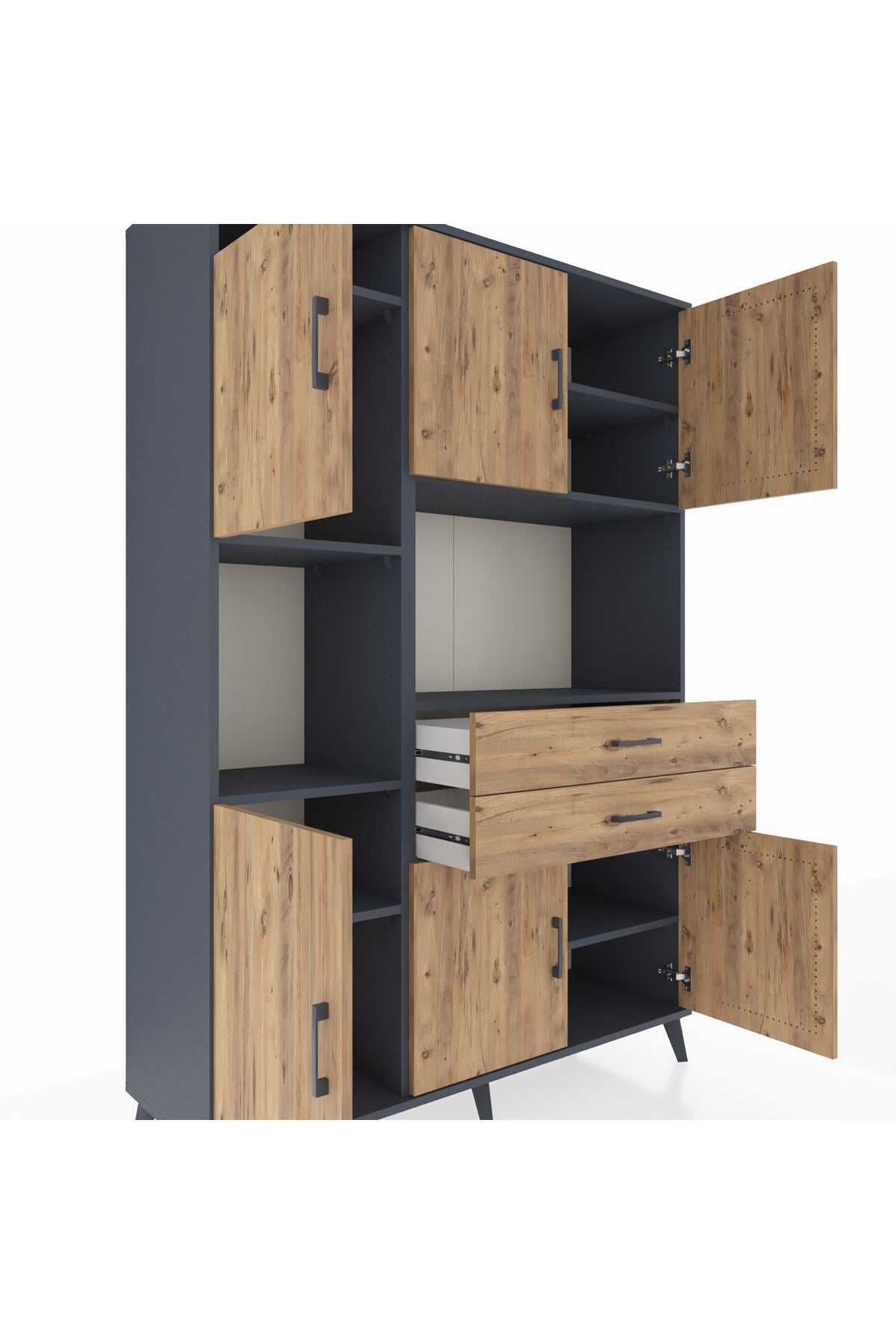 Hyperion Dolap 8 Raflı 2 Çekmeceli 6 Kapaklı 132x44x195 Antrasit-Çam/Çam