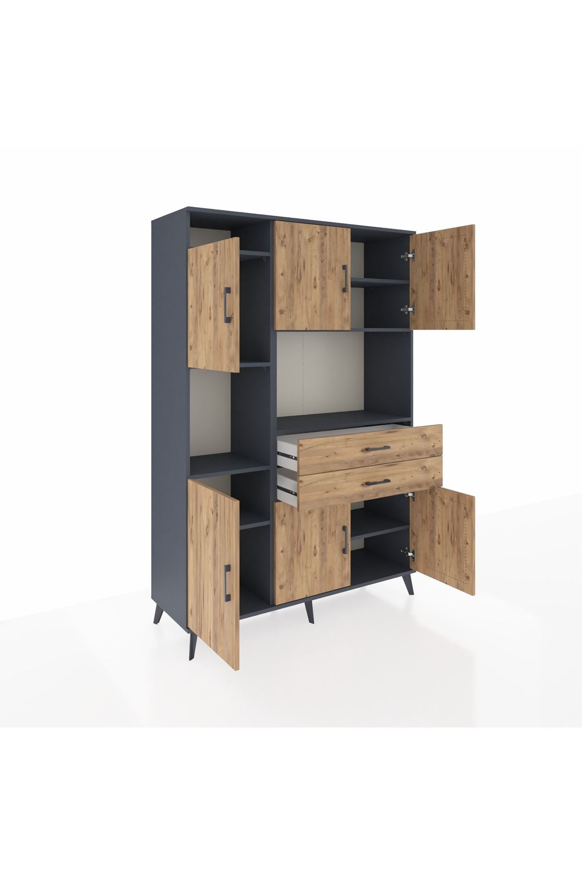 Hyperion Dolap 8 Raflı 2 Çekmeceli 6 Kapaklı 132x44x195 Antrasit-Çam/Çam