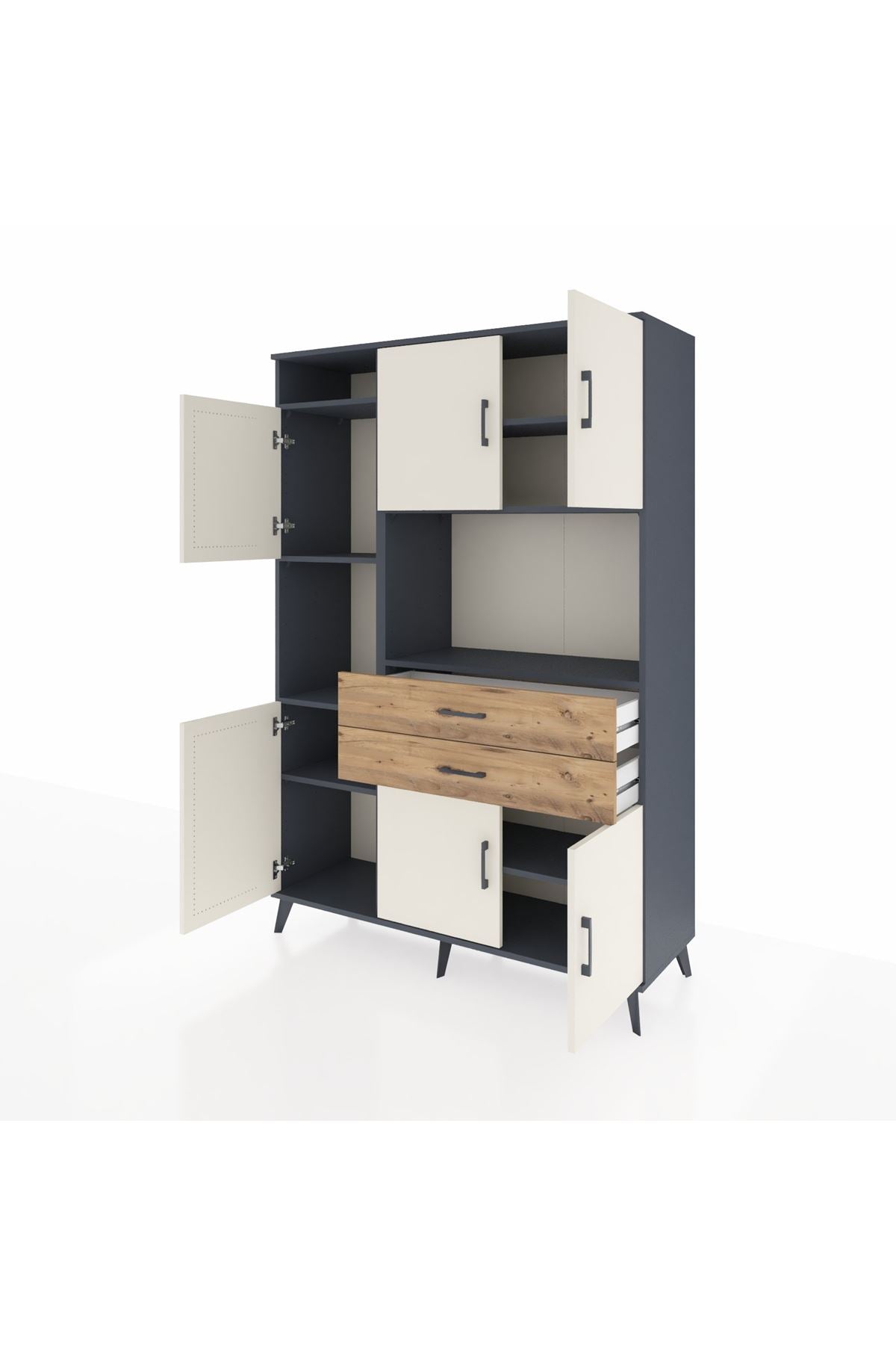 Hyperion Dolap 8 Raflı 2 Çekmeceli 6 Kapaklı 132x44x195 Antrasit-Aytaşı/Çam