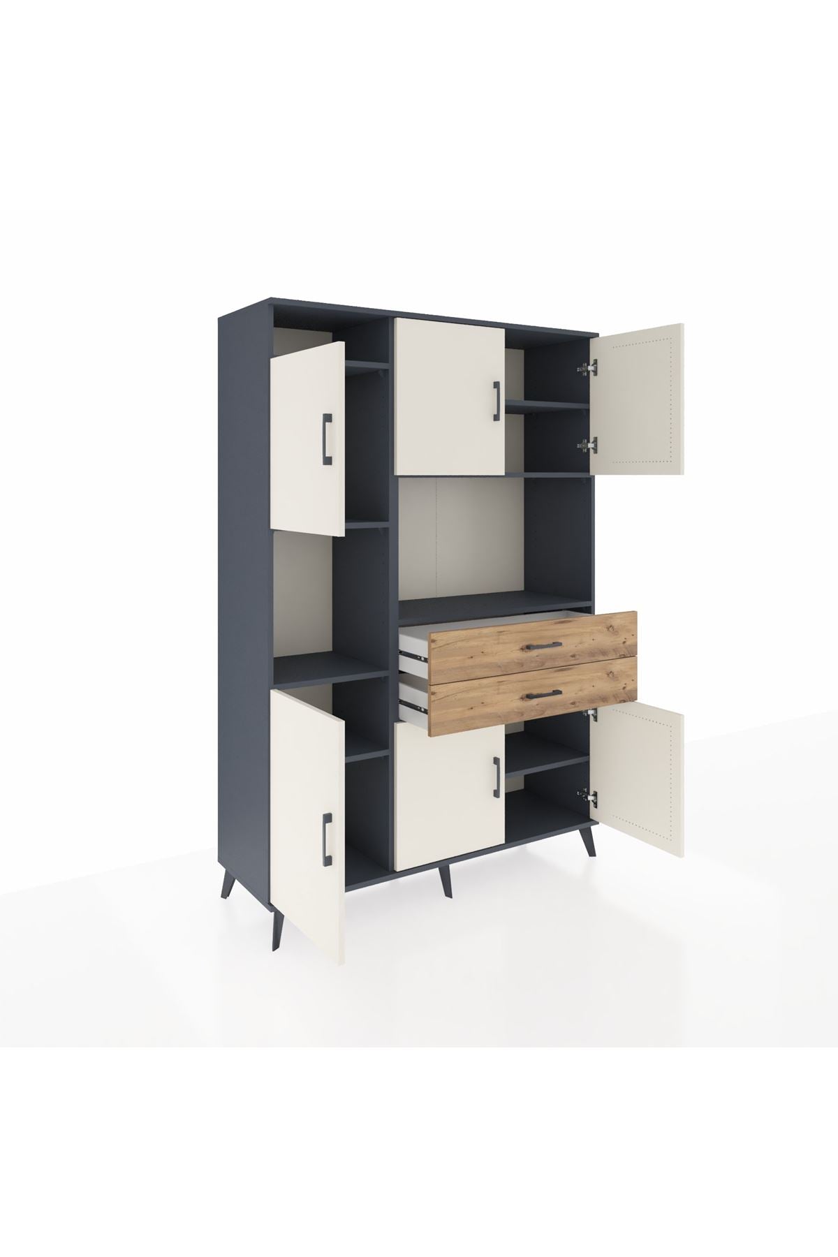 Hyperion Dolap 8 Raflı 2 Çekmeceli 6 Kapaklı 132x44x195 Antrasit-Aytaşı/Çam