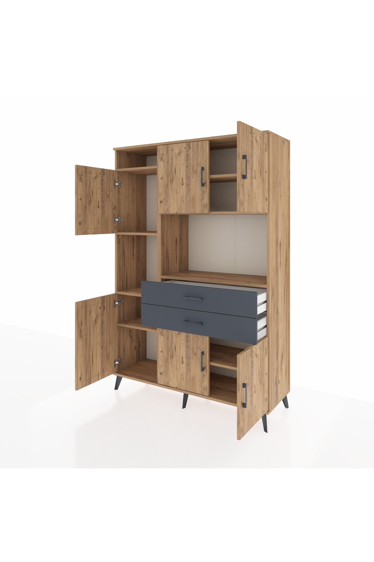 Hyperion Dolap 8 Raflı 2 Çekmeceli 6 Kapaklı 132x44x195 Çam-Çam/Antrasit