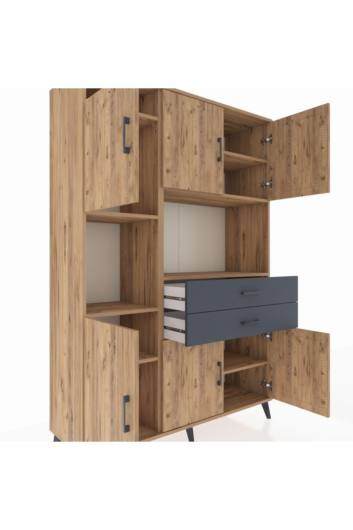 Hyperion Dolap 8 Raflı 2 Çekmeceli 6 Kapaklı 132x44x195 Çam-Çam/Antrasit