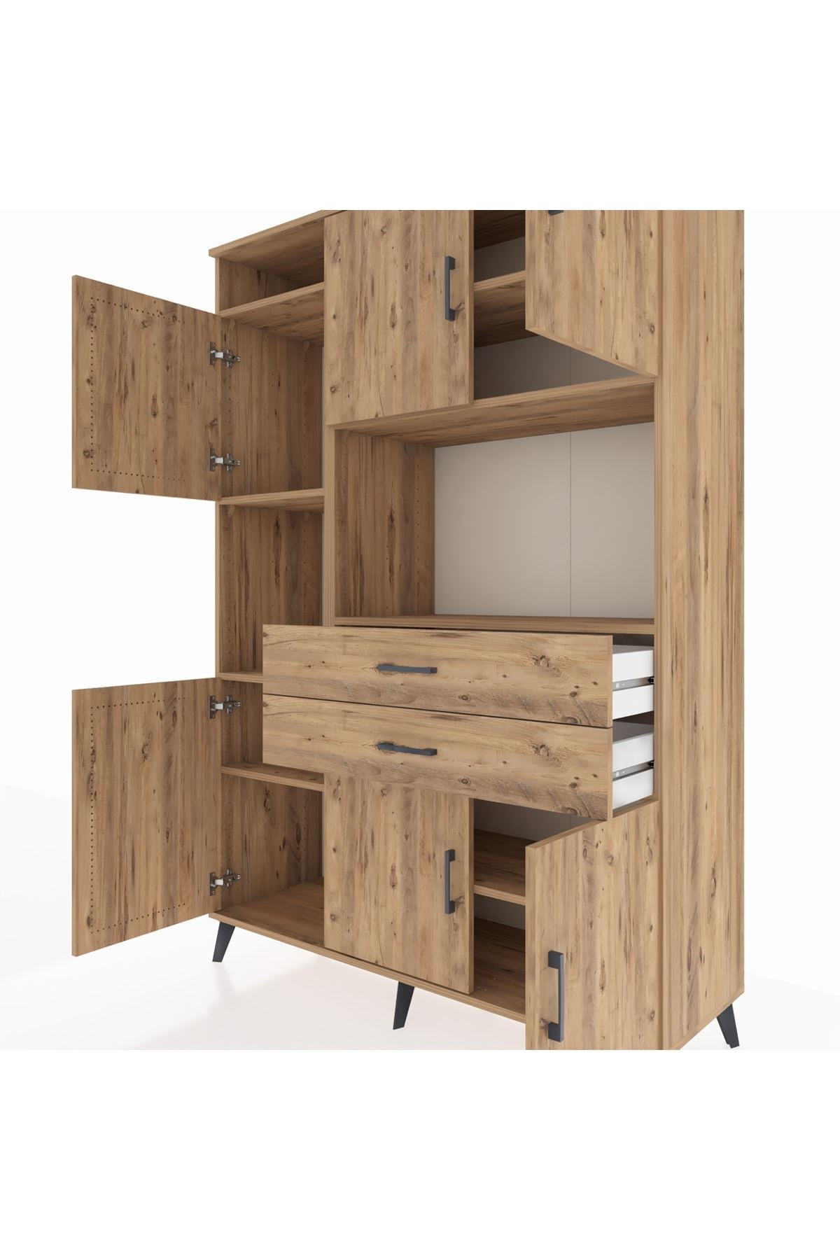 Hyperion Dolap 8 Raflı 2 Çekmeceli 6 Kapaklı 132x44x195 Çam-Çam/Çam