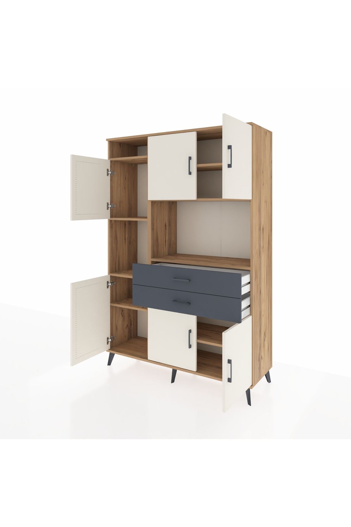 Hyperion Dolap 8 Raflı 2 Çekmeceli 6 Kapaklı 132x44x195 Çam-Aytaşı/Antrasit