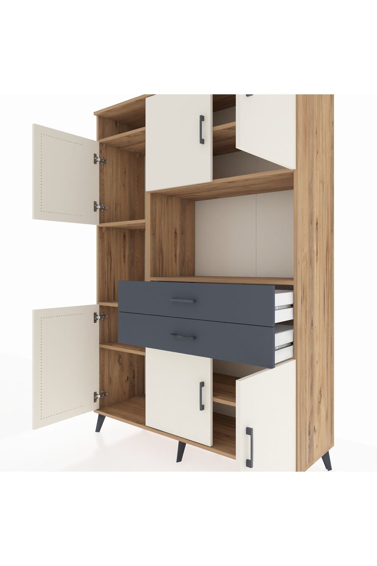 Hyperion Dolap 8 Raflı 2 Çekmeceli 6 Kapaklı 132x44x195 Çam-Aytaşı/Antrasit