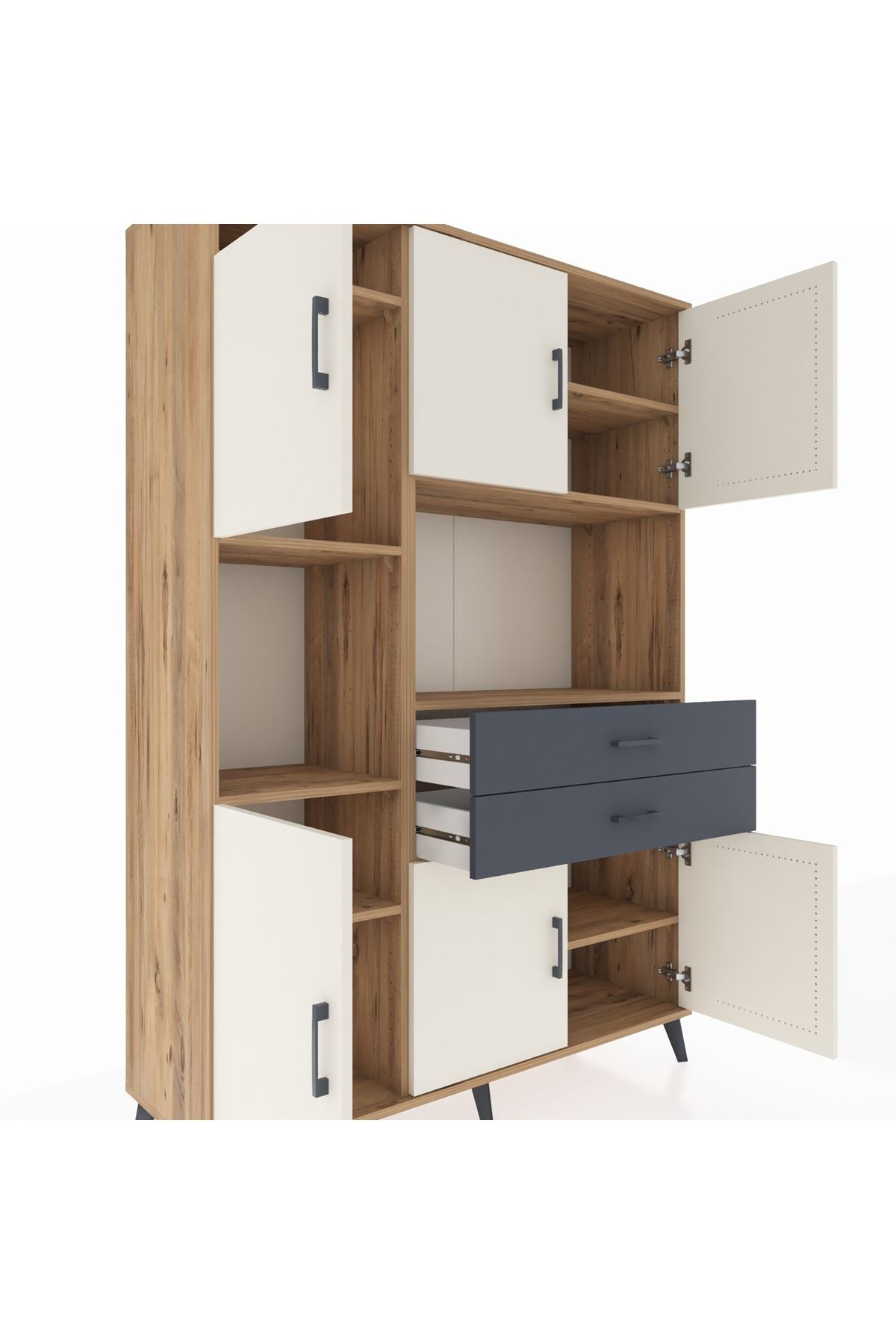 Hyperion Dolap 8 Raflı 2 Çekmeceli 6 Kapaklı 132x44x195 Çam-Aytaşı/Antrasit