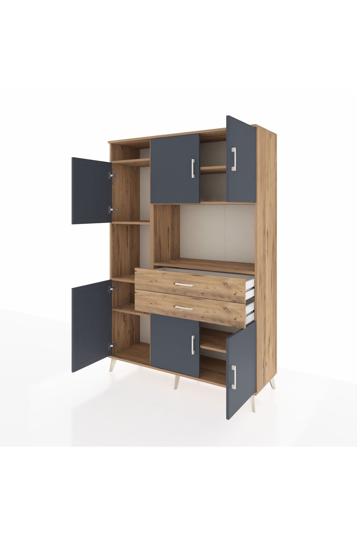 Hyperion Dolap 8 Raflı 2 Çekmeceli 6 Kapaklı 132x44x195 Çam-Antrasit/Çam