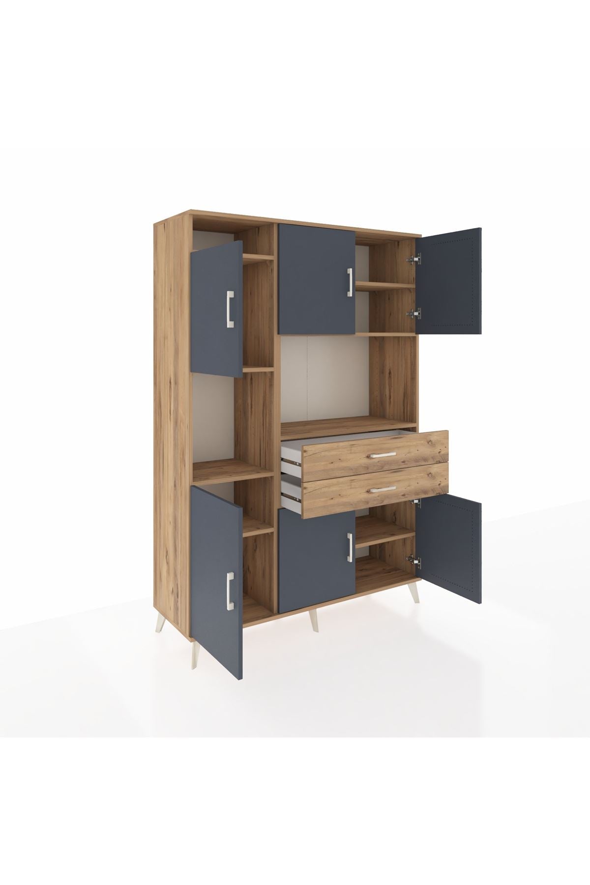 Hyperion Dolap 8 Raflı 2 Çekmeceli 6 Kapaklı 132x44x195 Çam-Antrasit/Çam