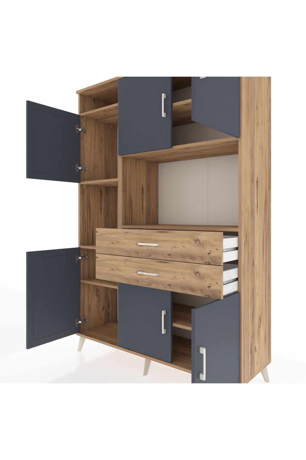 Hyperion Dolap 8 Raflı 2 Çekmeceli 6 Kapaklı 132x44x195 Çam-Antrasit/Çam