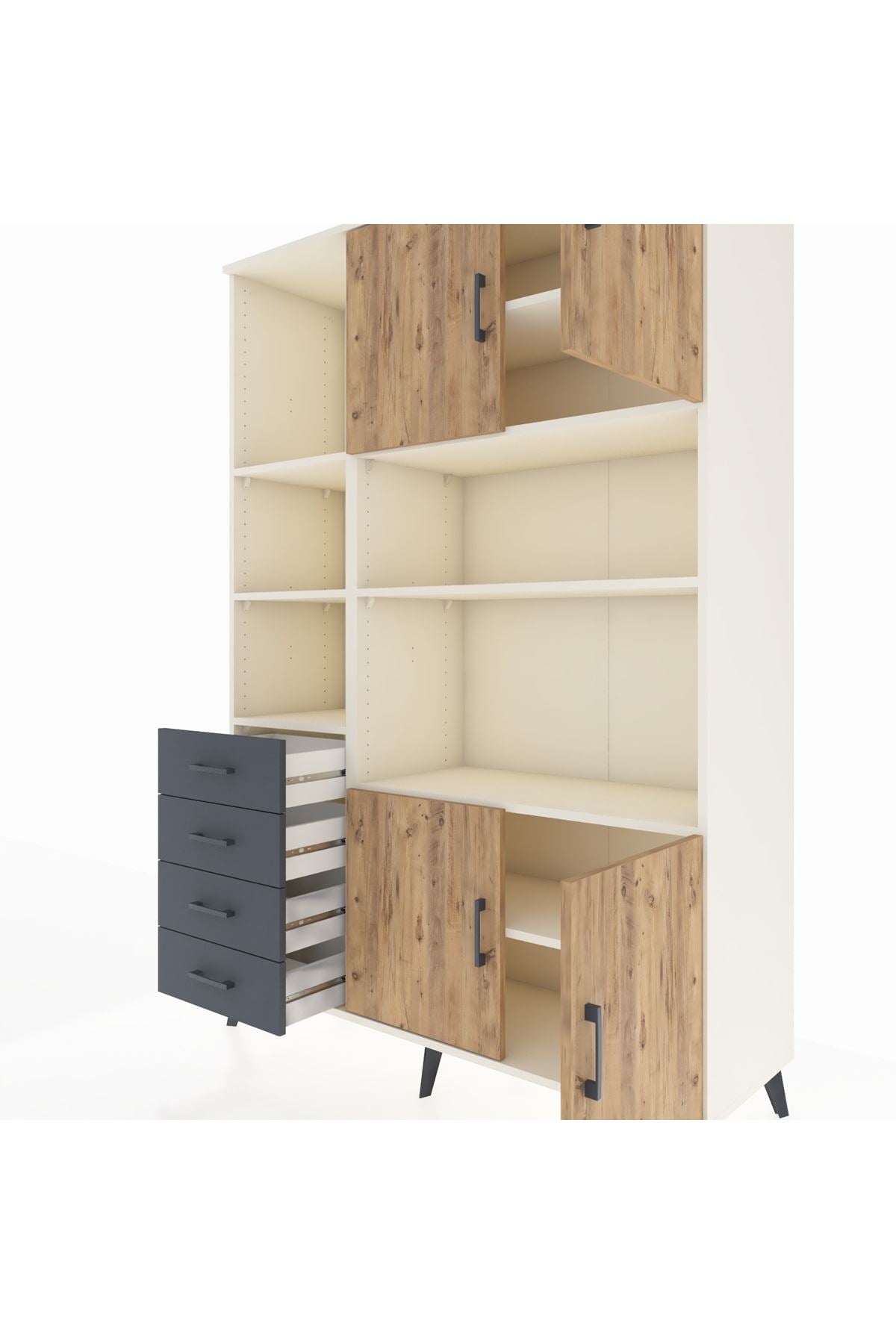 Hyperion Dolap 8 Raflı 4 Çekmeceli 4 Kapaklı 132x44x195 Aytaşı-Çam/Antrasit