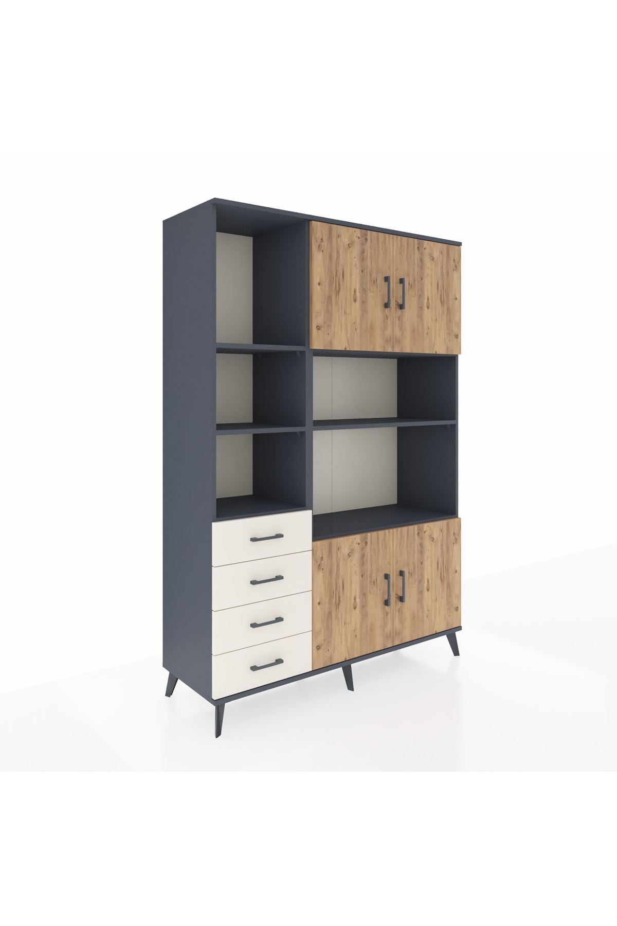 Hyperion Dolap 8 Raflı 4 Çekmeceli 4 Kapaklı 132x44x195 Antrasit-Çam/Aytaşı