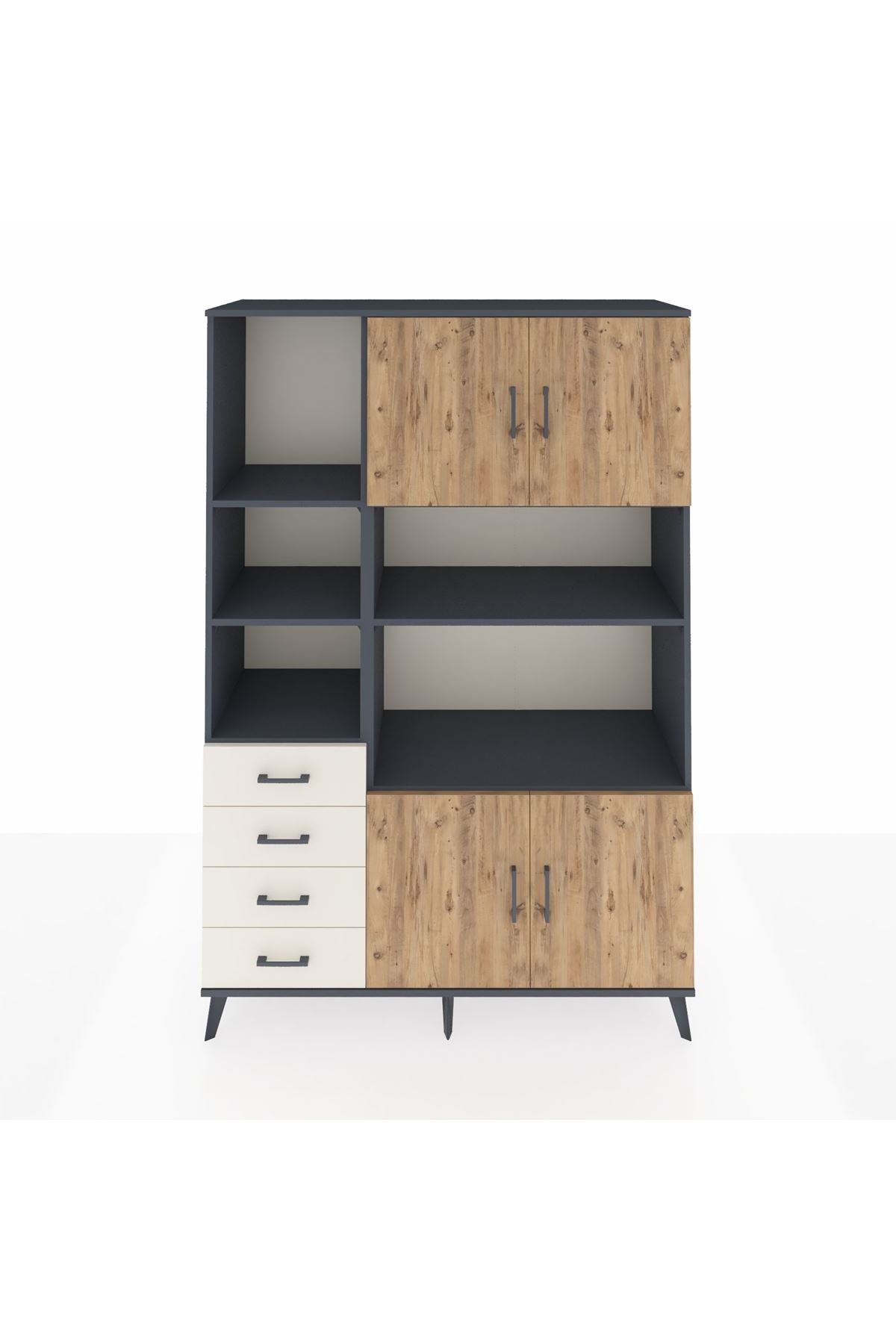 Hyperion Dolap 8 Raflı 4 Çekmeceli 4 Kapaklı 132x44x195 Antrasit-Çam/Aytaşı