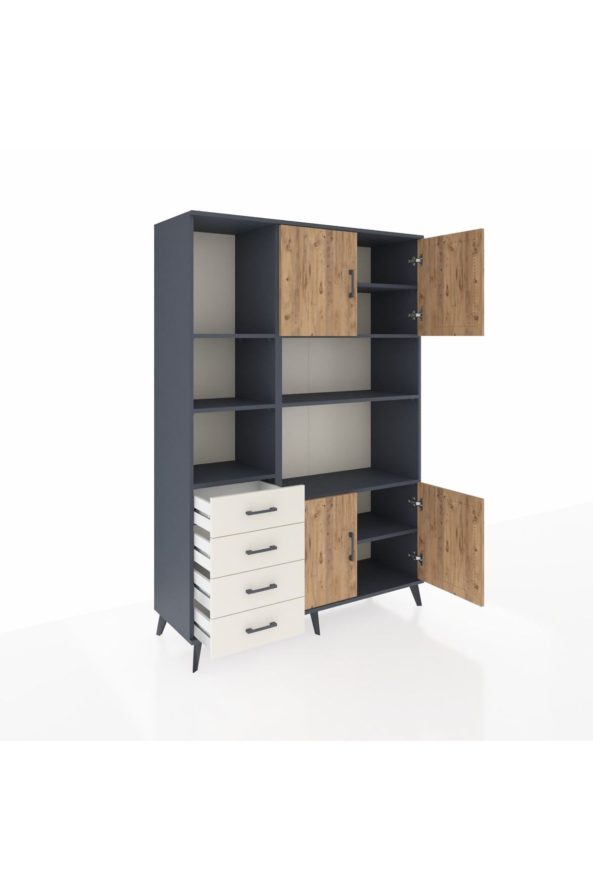 Hyperion Dolap 8 Raflı 4 Çekmeceli 4 Kapaklı 132x44x195 Antrasit-Çam/Aytaşı