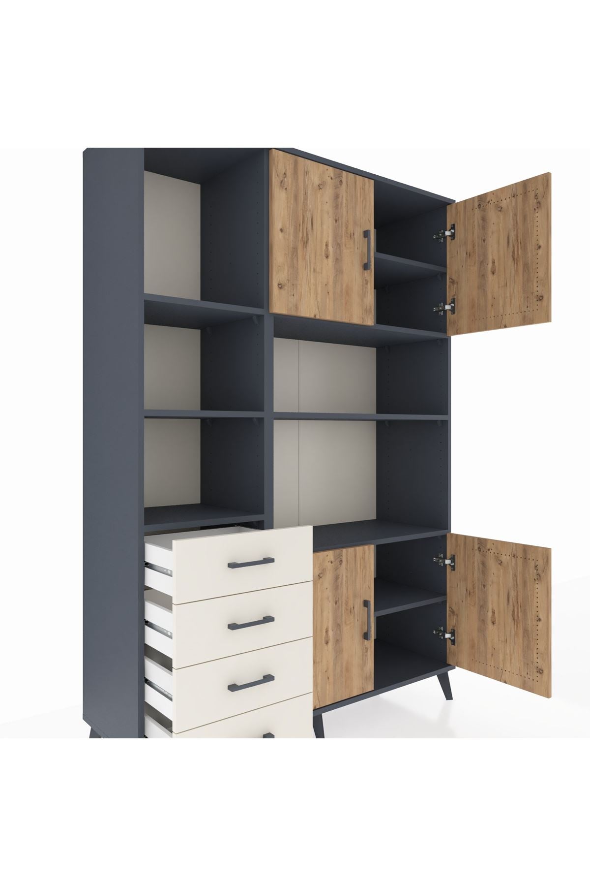Hyperion Dolap 8 Raflı 4 Çekmeceli 4 Kapaklı 132x44x195 Antrasit-Çam/Aytaşı