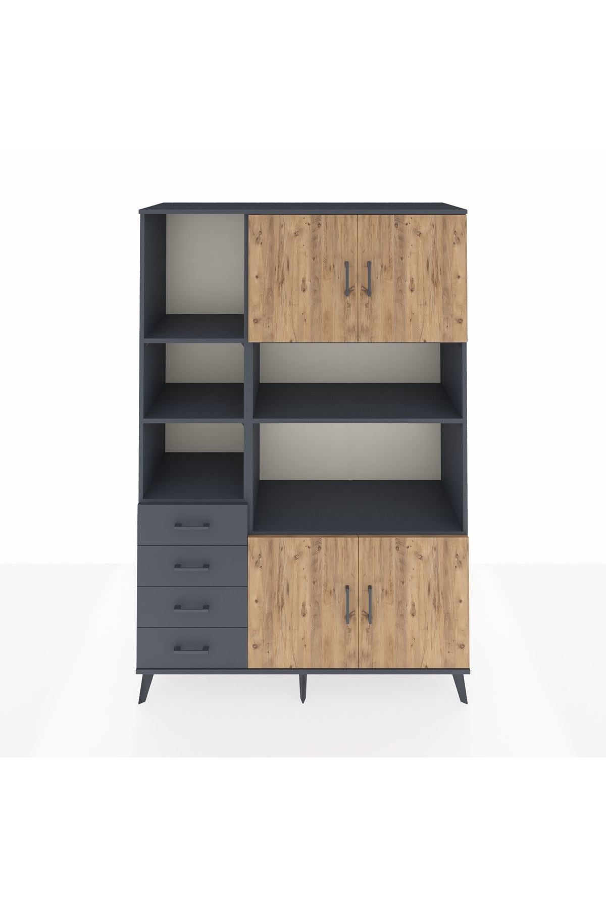 Hyperion Dolap 8 Raflı 4 Çekmeceli 4 Kapaklı 132x44x195 Antrasit-Çam/Antrasit
