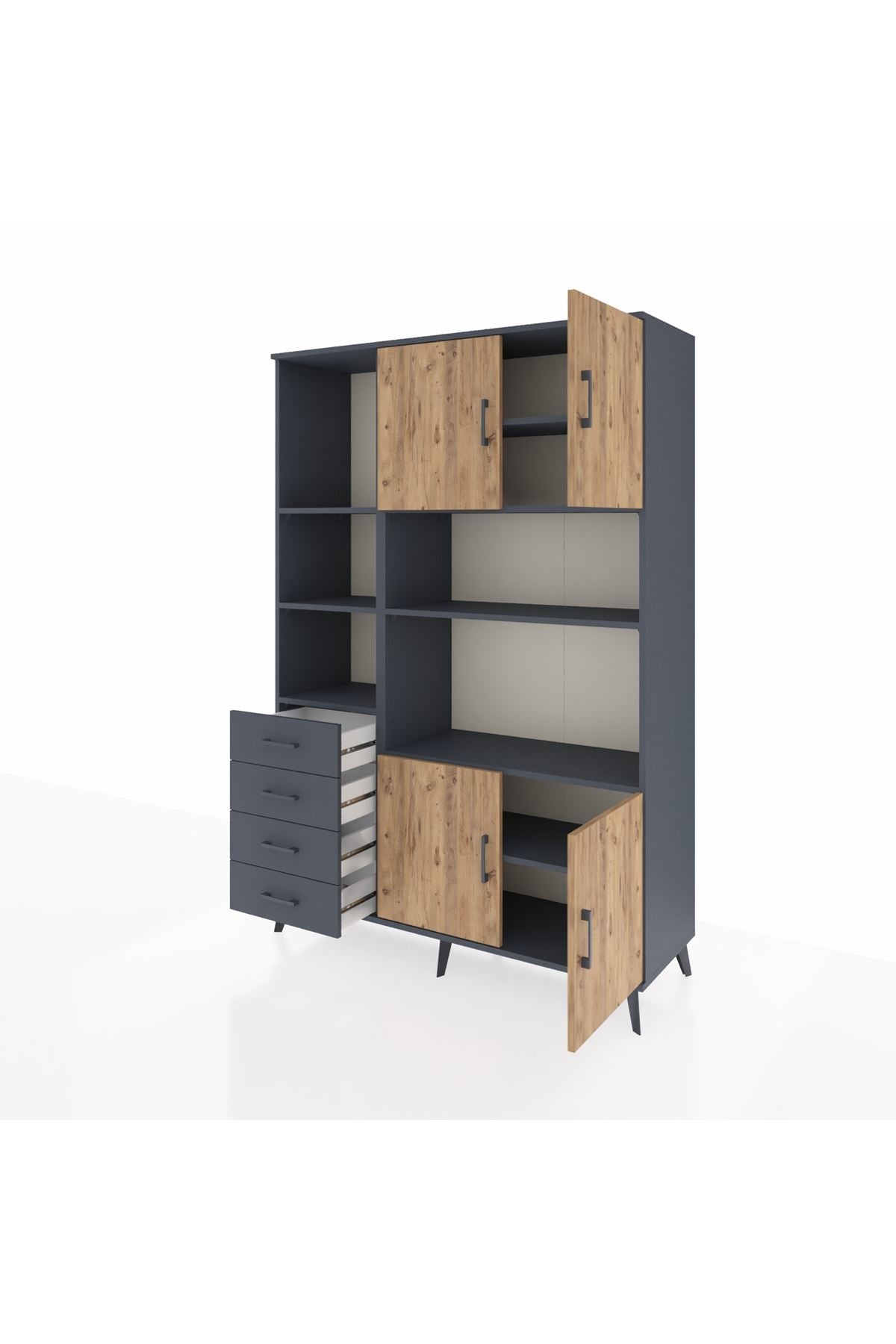 Hyperion Dolap 8 Raflı 4 Çekmeceli 4 Kapaklı 132x44x195 Antrasit-Çam/Antrasit