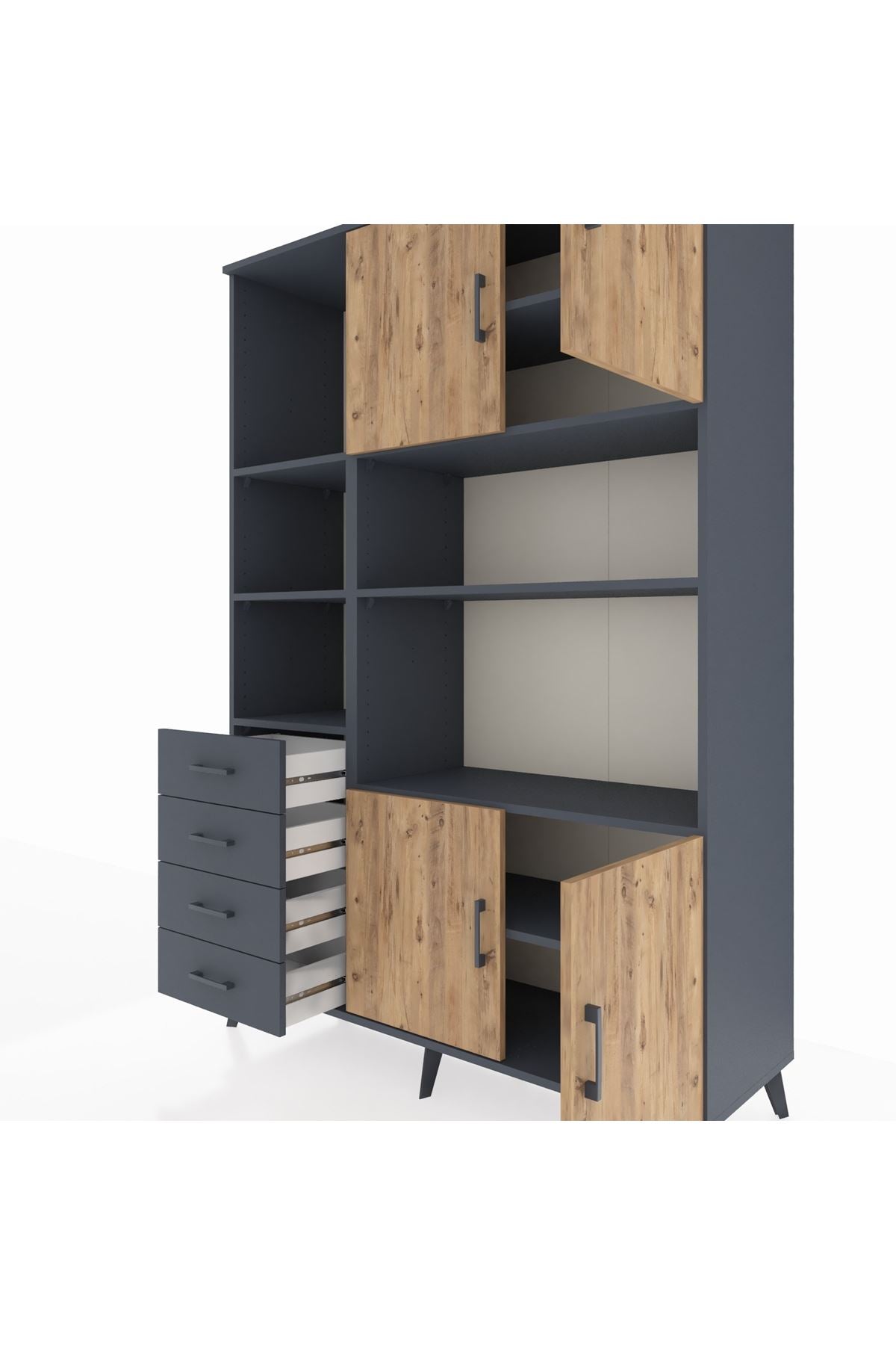 Hyperion Dolap 8 Raflı 4 Çekmeceli 4 Kapaklı 132x44x195 Antrasit-Çam/Antrasit